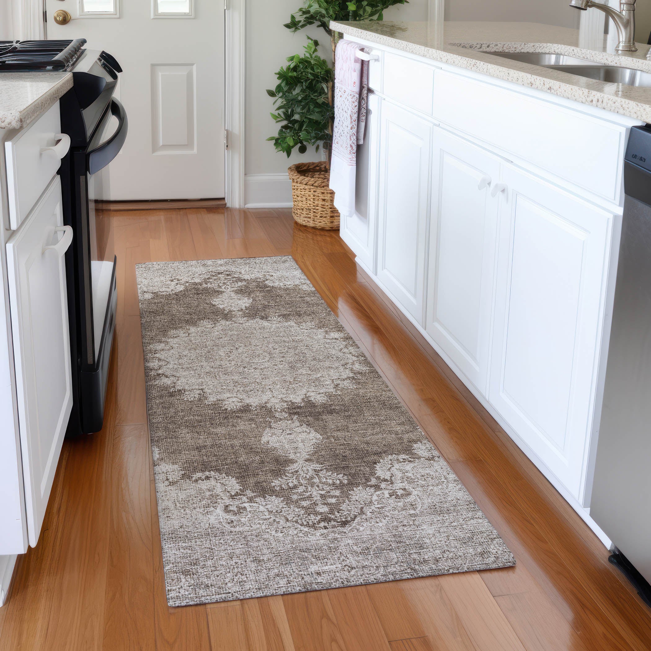 Queenstown Machine Washable Traditional Brown Rug 2'3" x 7'6" #shape_Runner