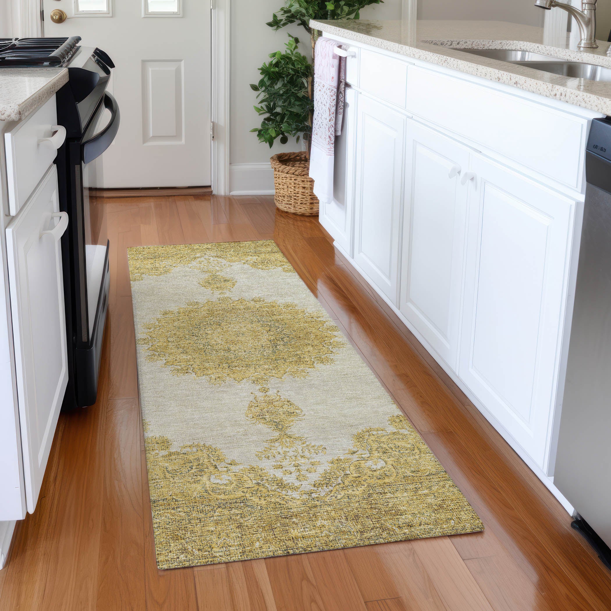 Queenstown Machine Washable Traditional Gold Rug 2'3" x 7'6" #shape_Runner