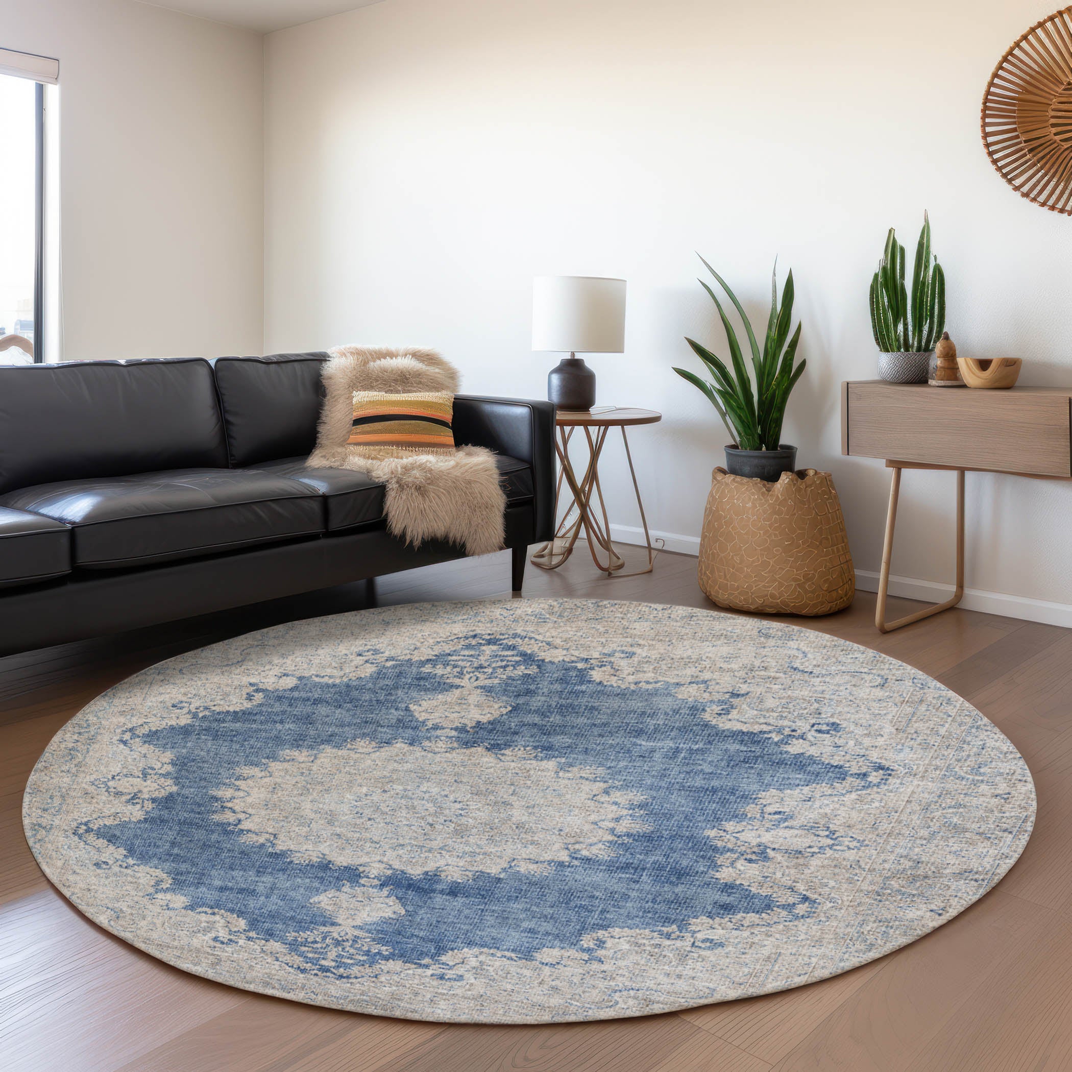 Queenstown Machine Washable Traditional Navy Blue Rug 8' x 8' #shape_Round