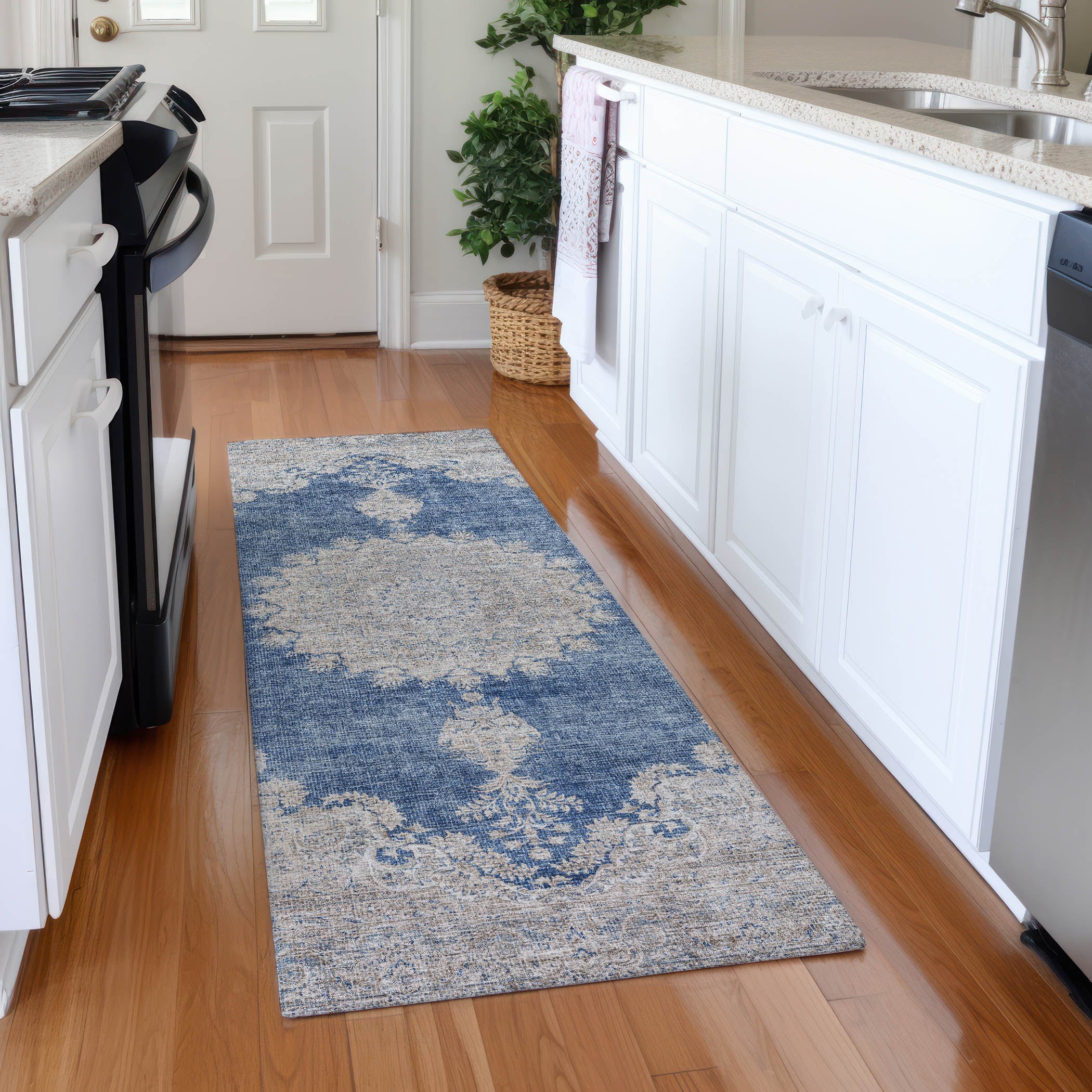 Queenstown Machine Washable Traditional Navy Blue Rug 2'3" x 7'6" #shape_Runner