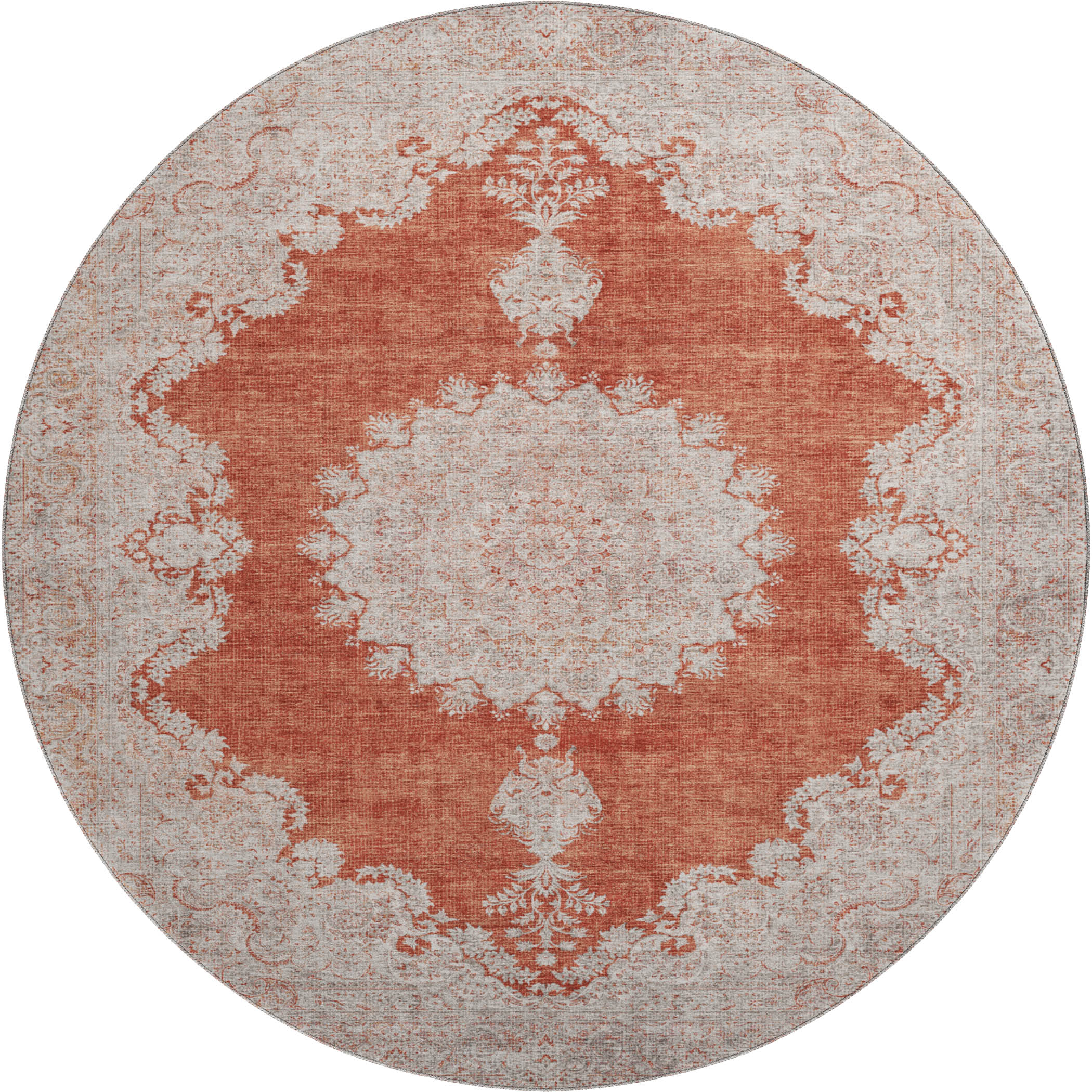 Queenstown Machine Washable Traditional Rust Orange Rug 8' x 8' #shape_Round