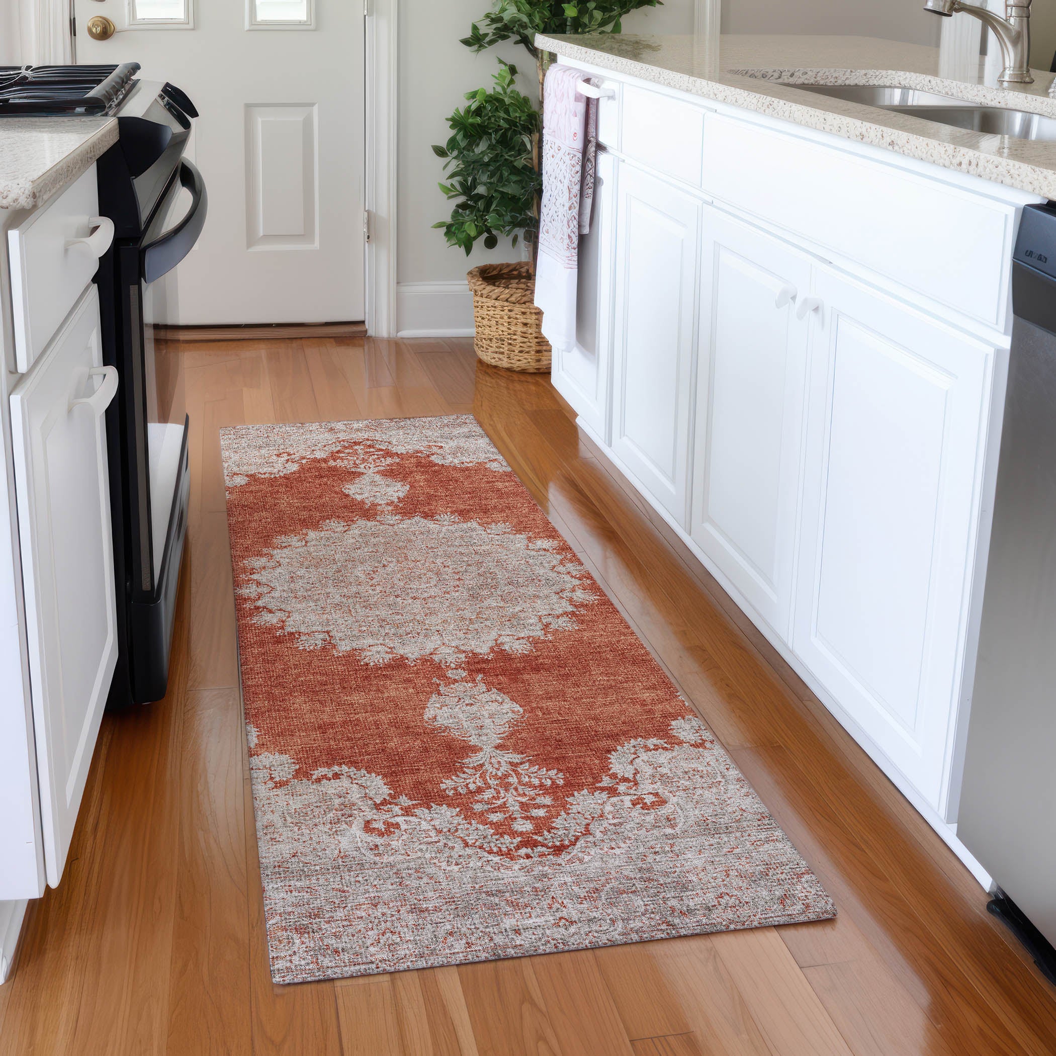 Queenstown Machine Washable Traditional Rust Orange Rug 2'3" x 7'6" #shape_Runner