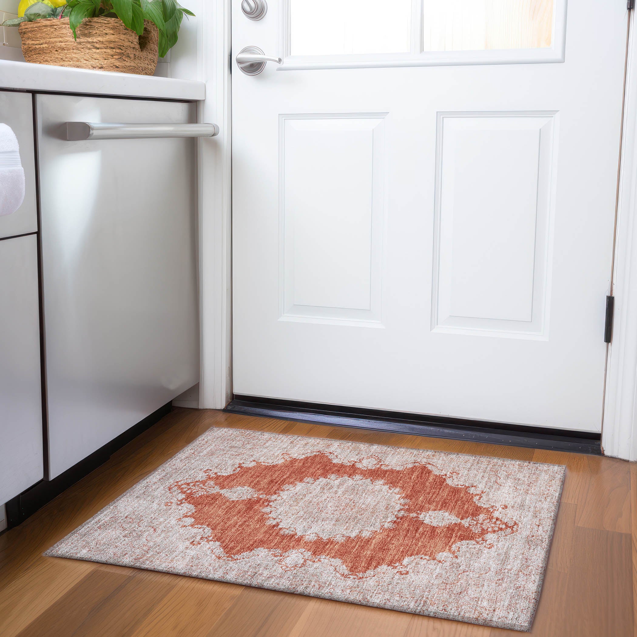 Queenstown Machine Washable Traditional Rust Orange Rug 1'8" x 2'6" #shape_Rectangle