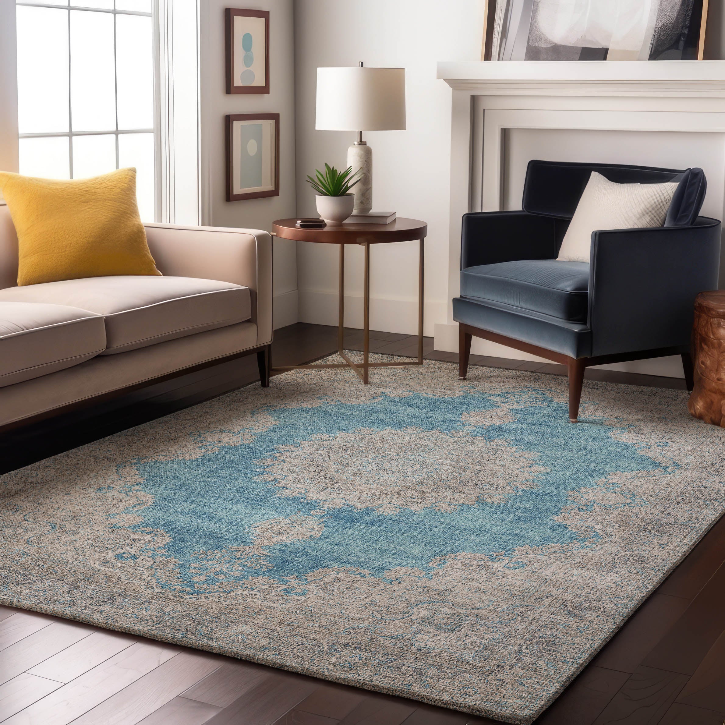 Queenstown Machine Washable Traditional Teal Rug 2'6" x 3'10" #shape_Rectangle