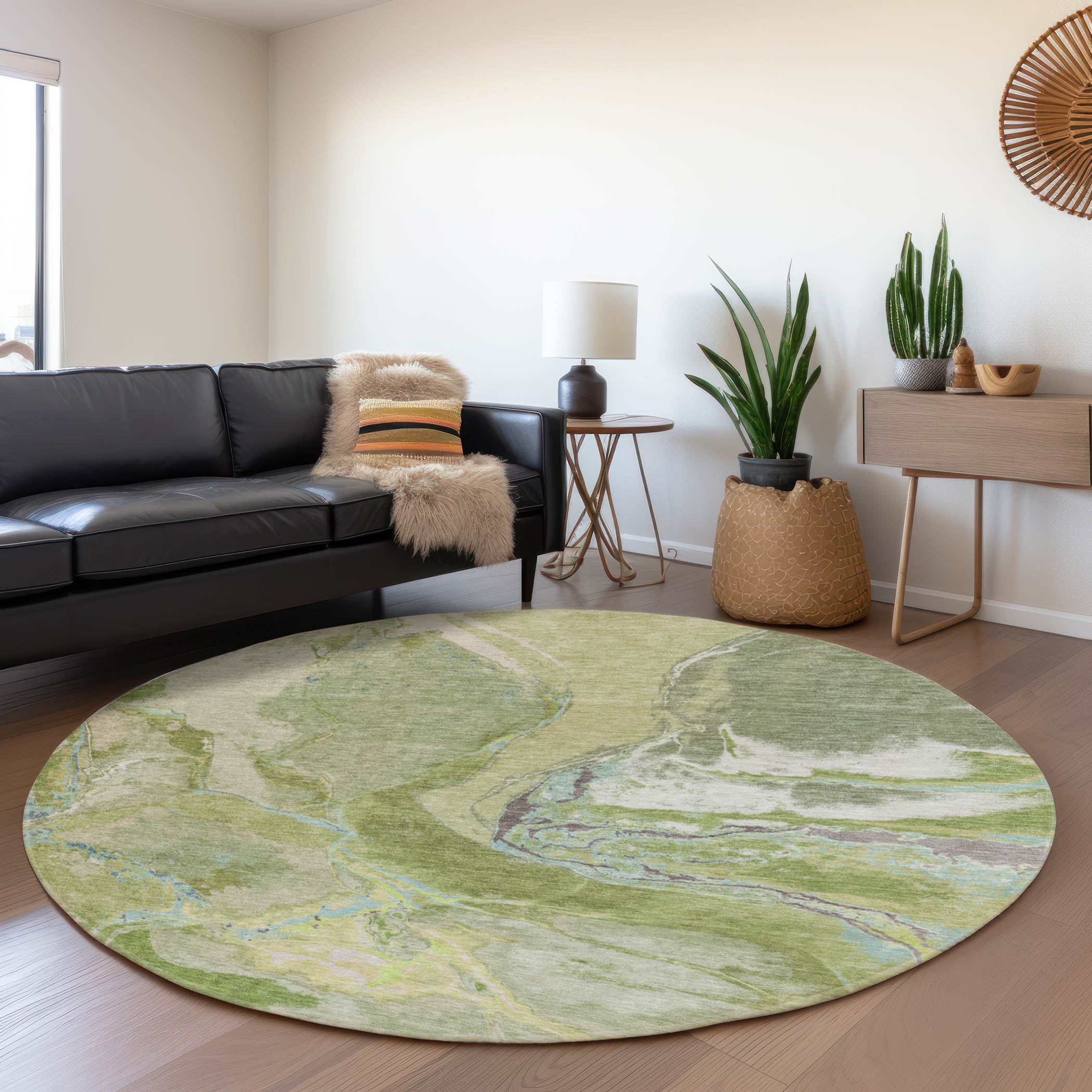 Seville Machine Washable Transitional Green Rug 8' x 8' #shape_Round