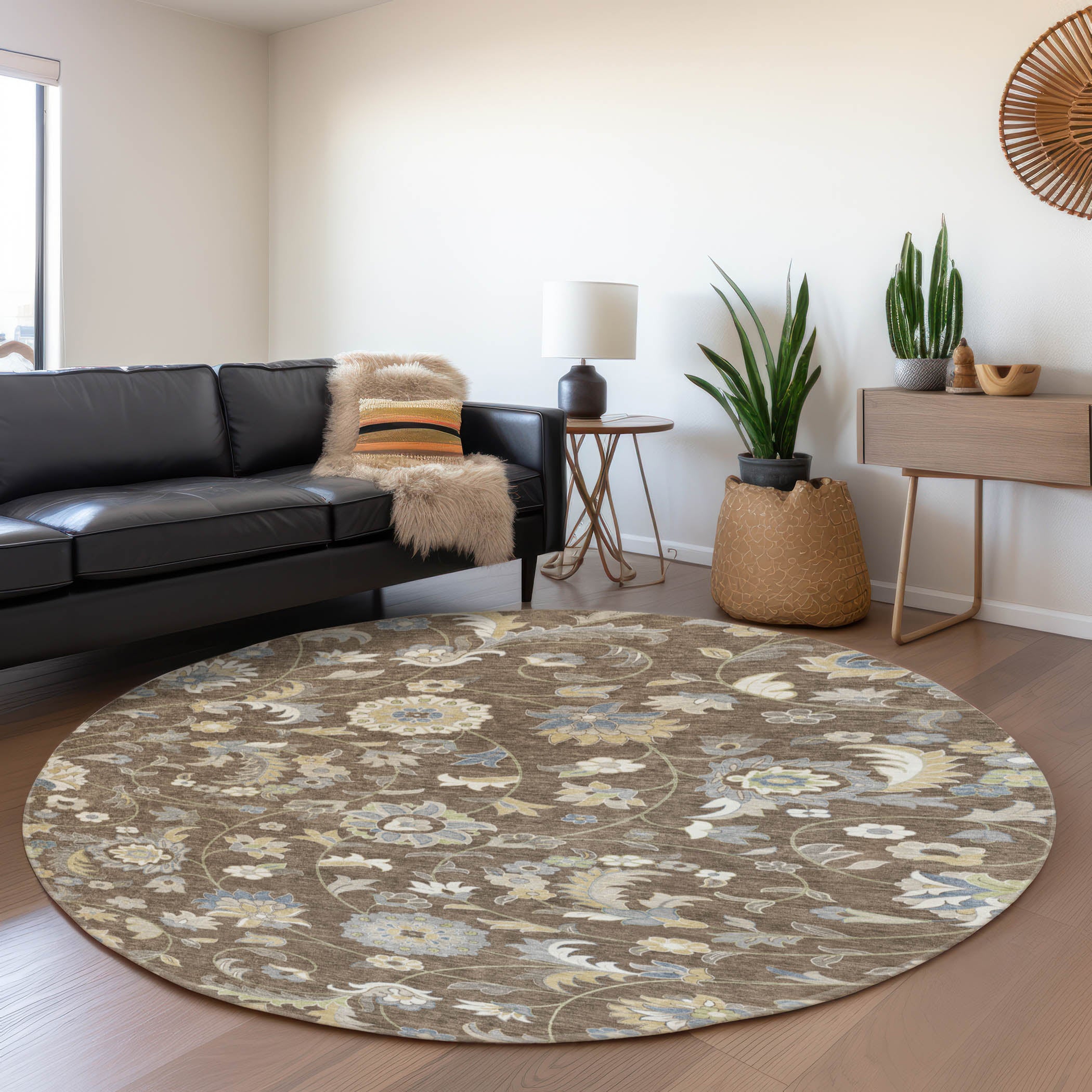 Baku Machine Washable Transitional Chocolate Brown Rug 8' x 8' #shape_Round