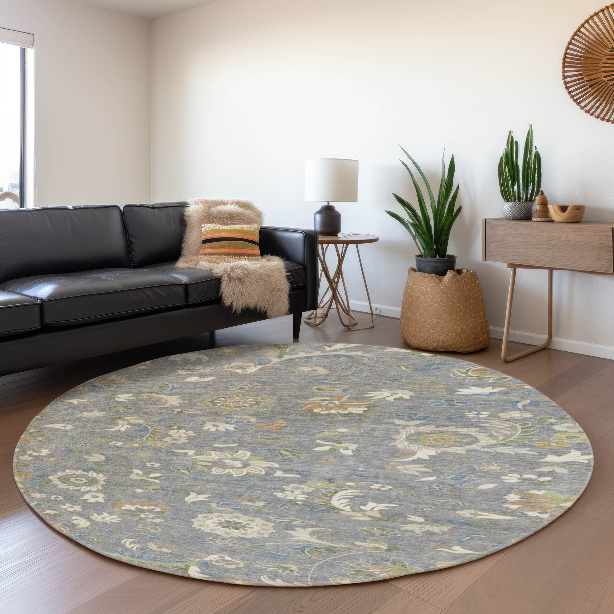 Baku Machine Washable Transitional Gray Rug 8' x 8' #shape_Round
