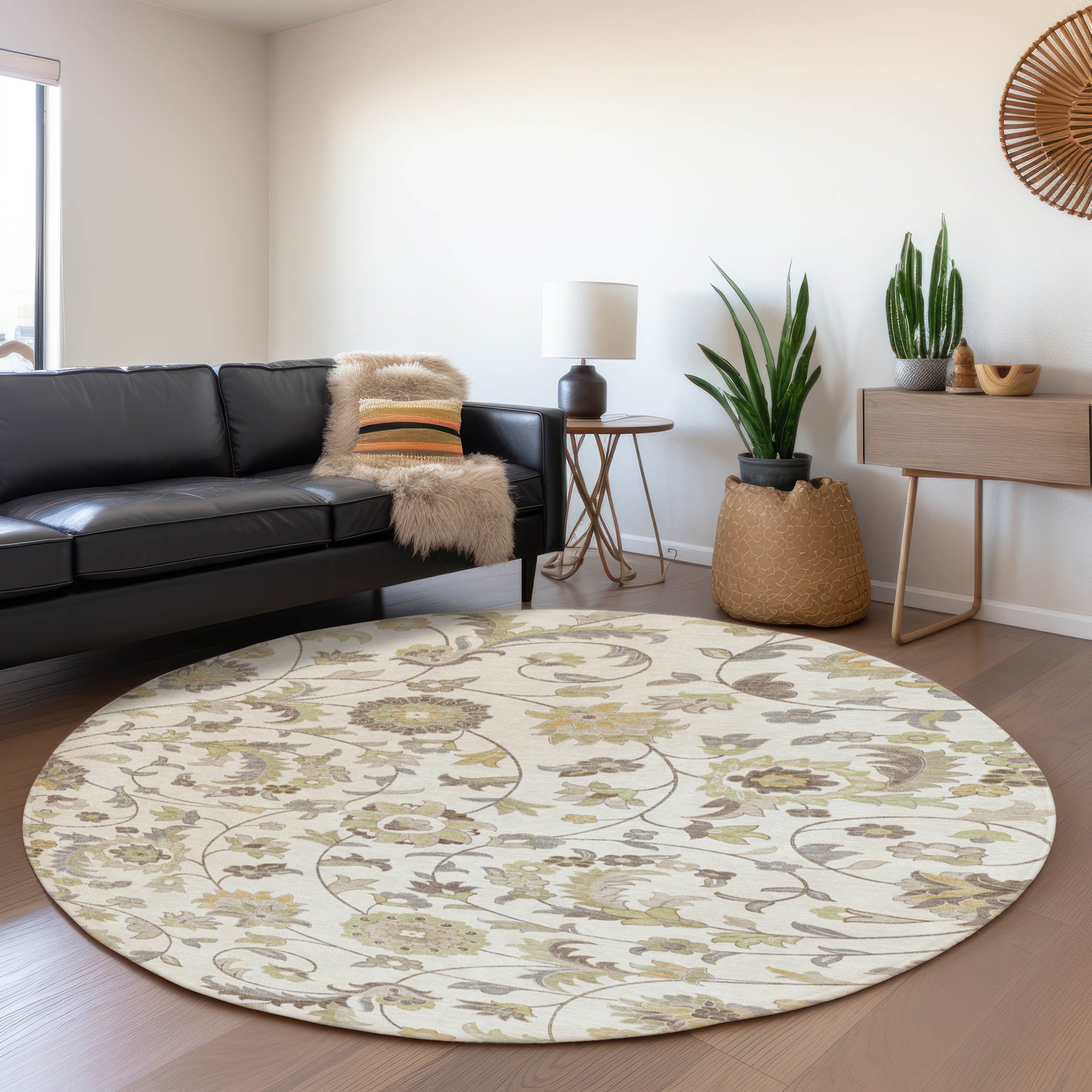 Baku Machine Washable Transitional Ivory Rug 8' x 8' #shape_Round