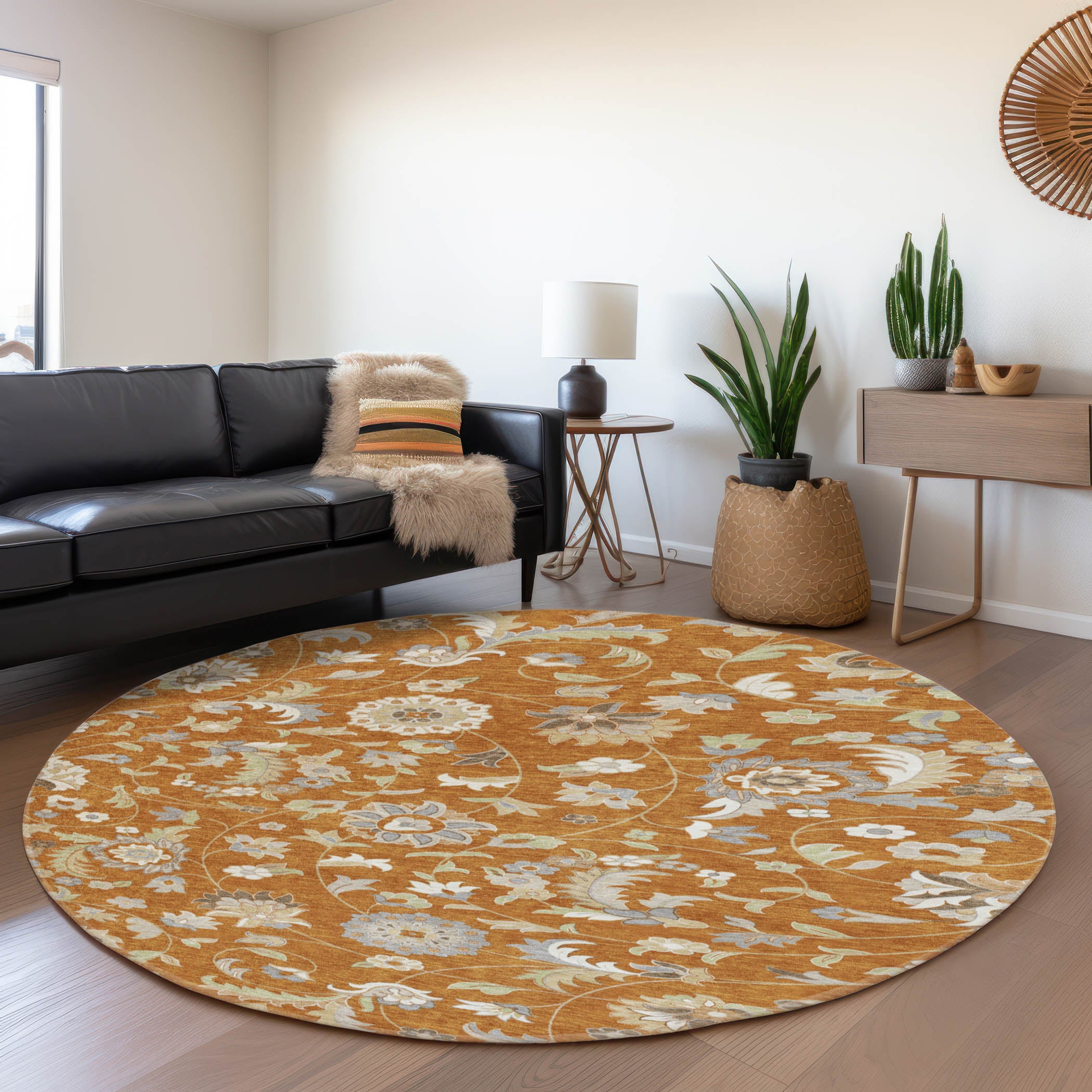 Baku Machine Washable Transitional Paprika Orange Rug 8' x 8' #shape_Round