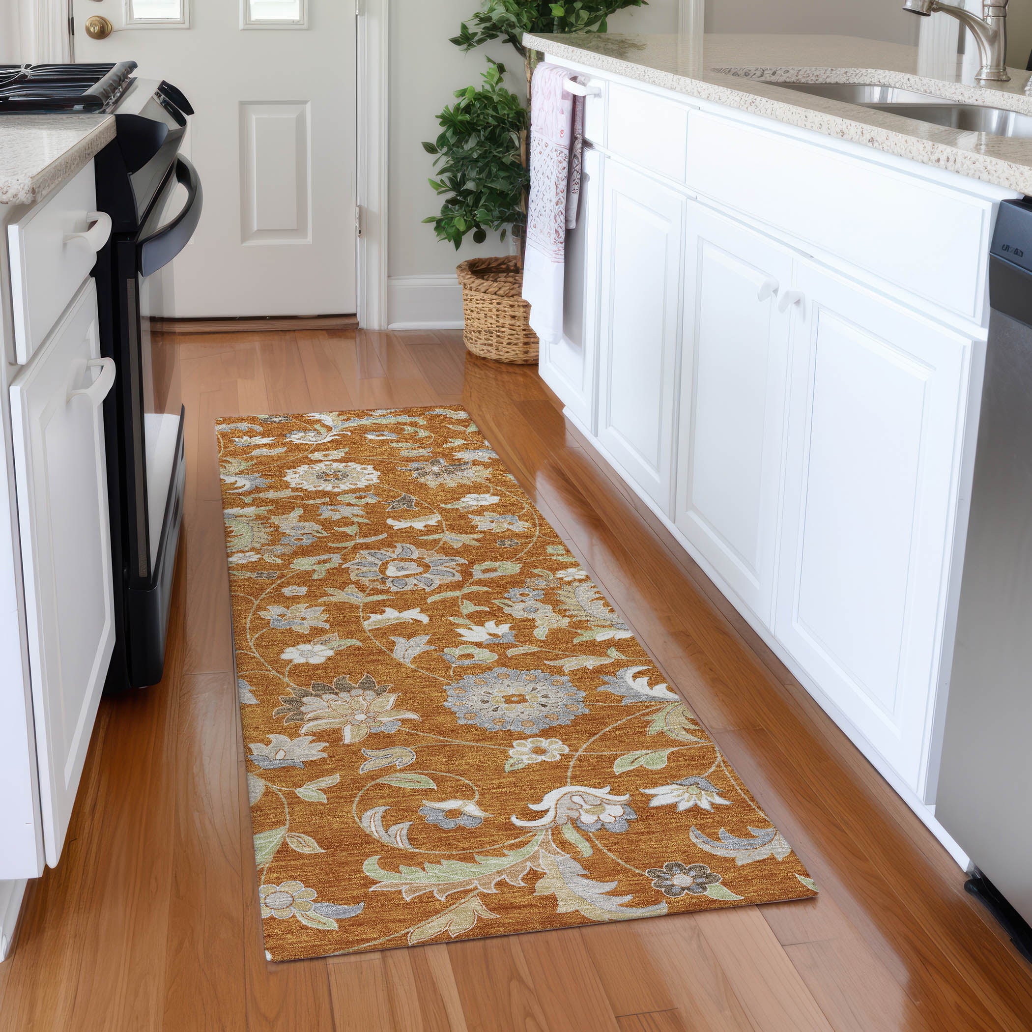 Baku Machine Washable Transitional Paprika Orange Rug 2'3" x 7'6" #shape_Runner