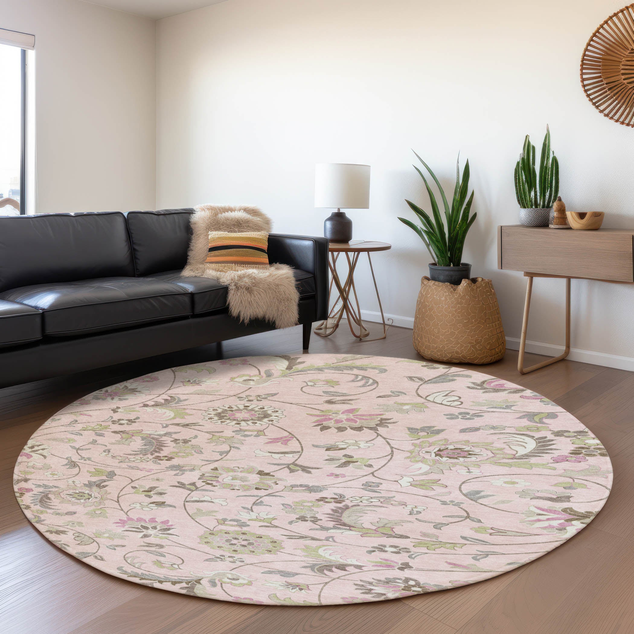 Baku Machine Washable Transitional Pink Rug 8' x 8' #shape_Round