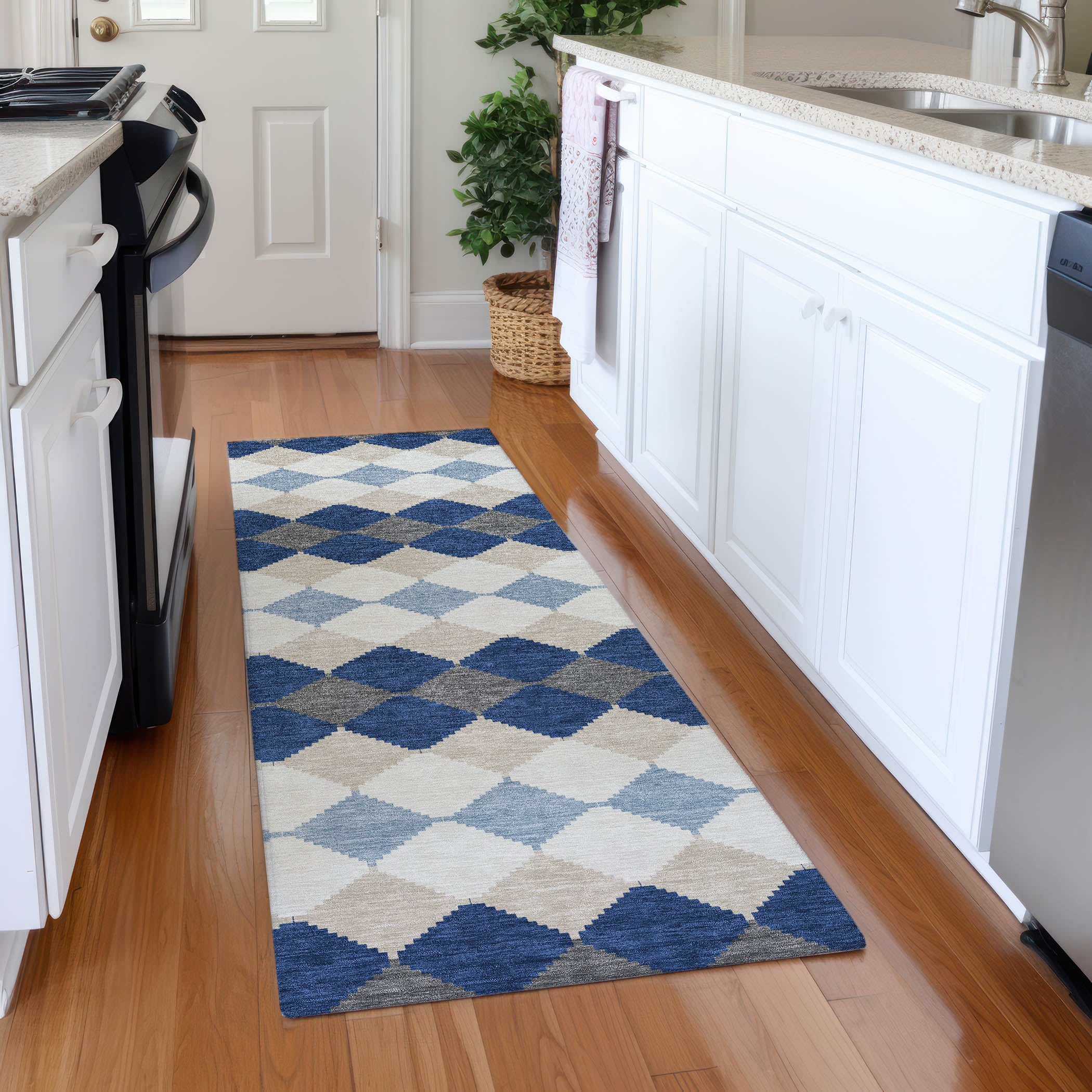 Colombo Machine Washable Transitional Navy Blue Rug 2'3" x 7'6" #shape_Runner