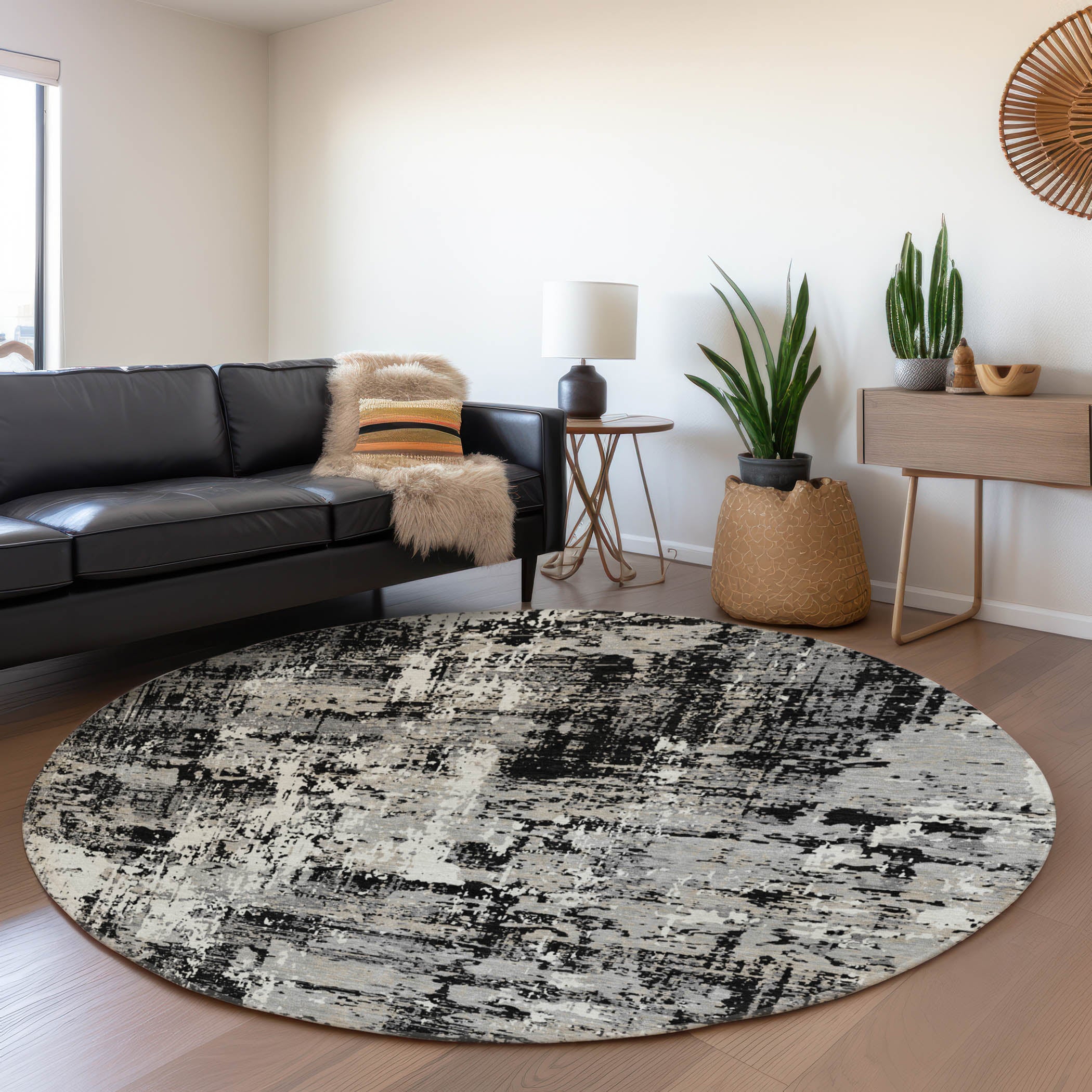 Athens Machine Washable Transitional Black Rug 8' x 8' #shape_Round