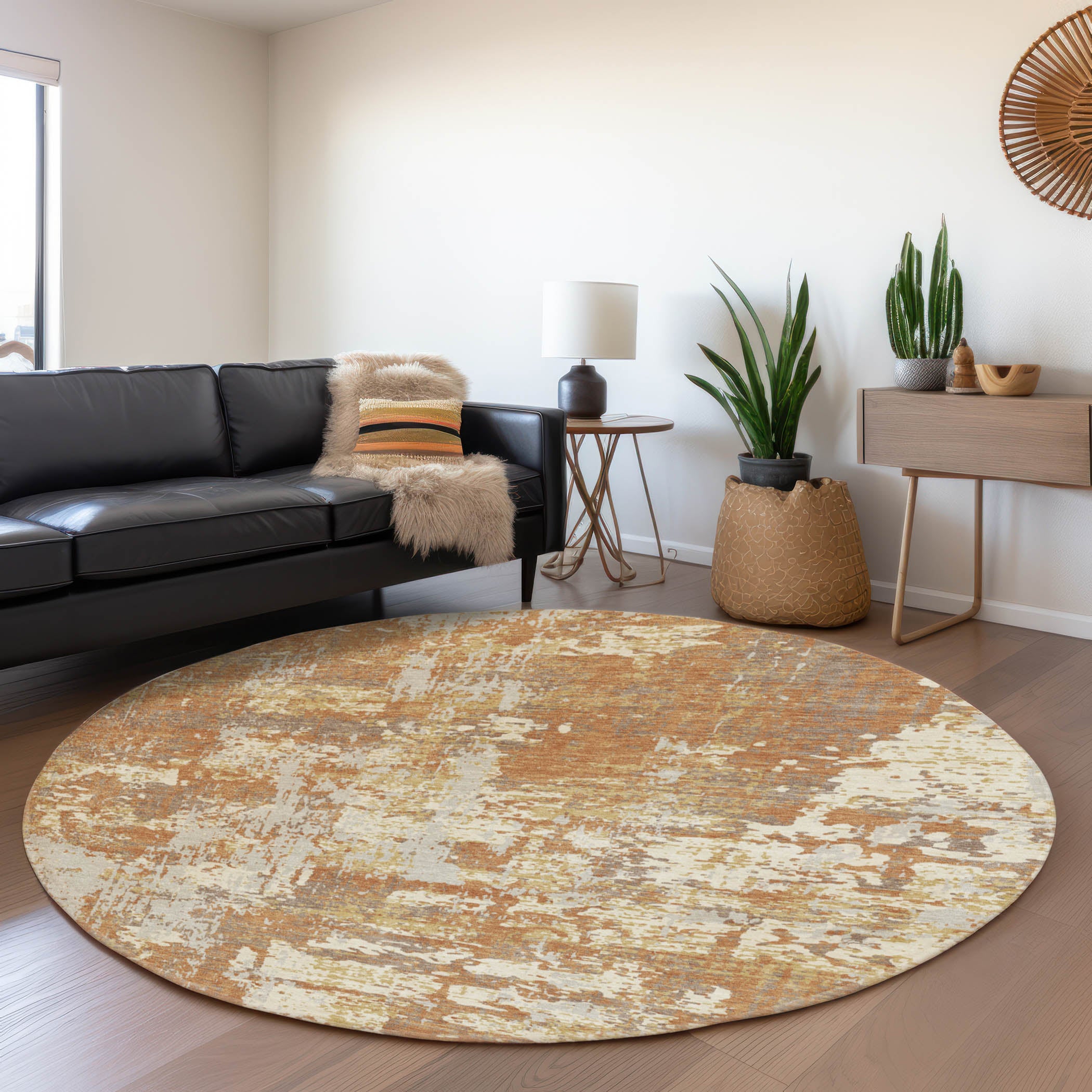 Athens Machine Washable Transitional Copper Orange Rug 8' x 8' #shape_Round