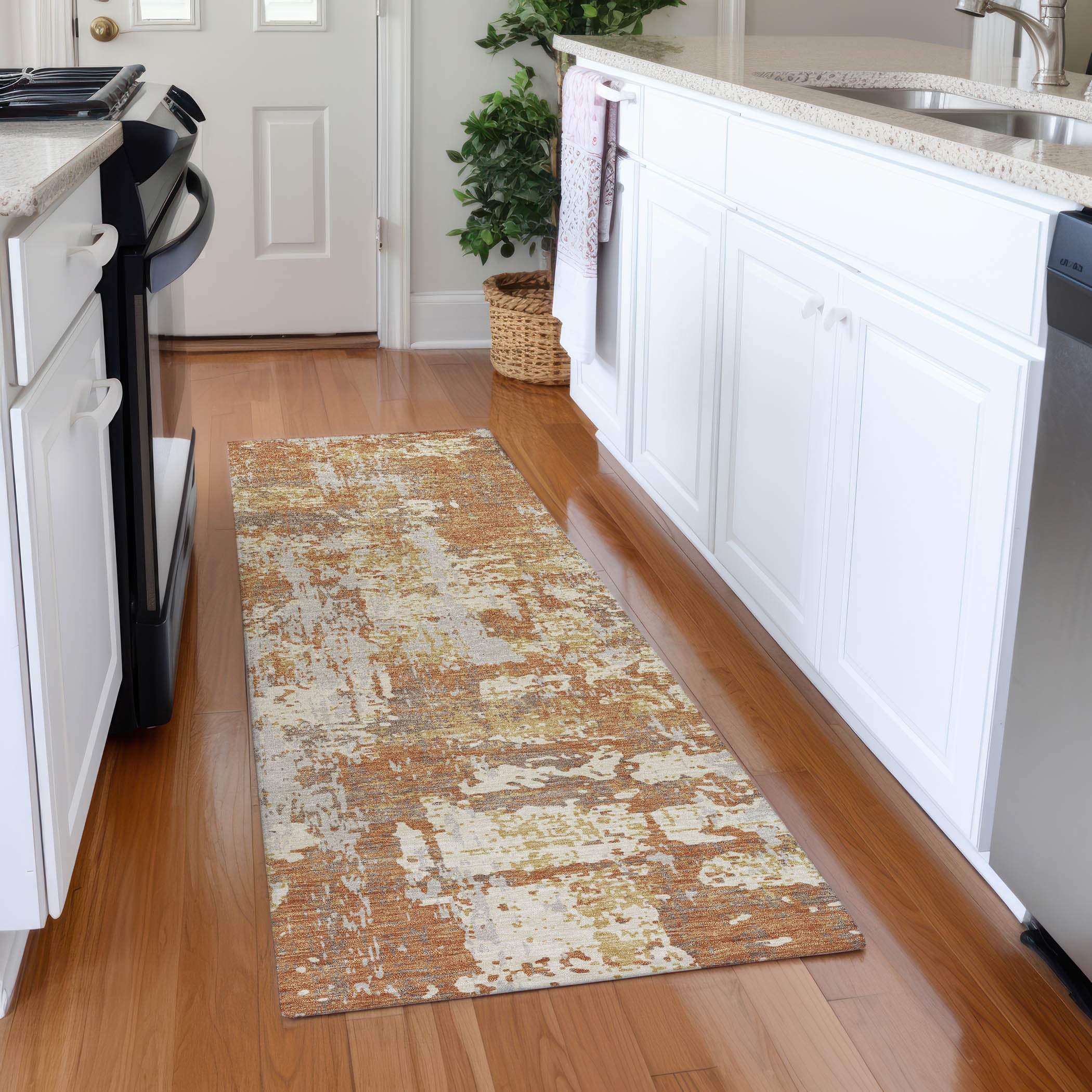 Athens Machine Washable Transitional Copper Orange Rug 2'3" x 7'6" #shape_Runner