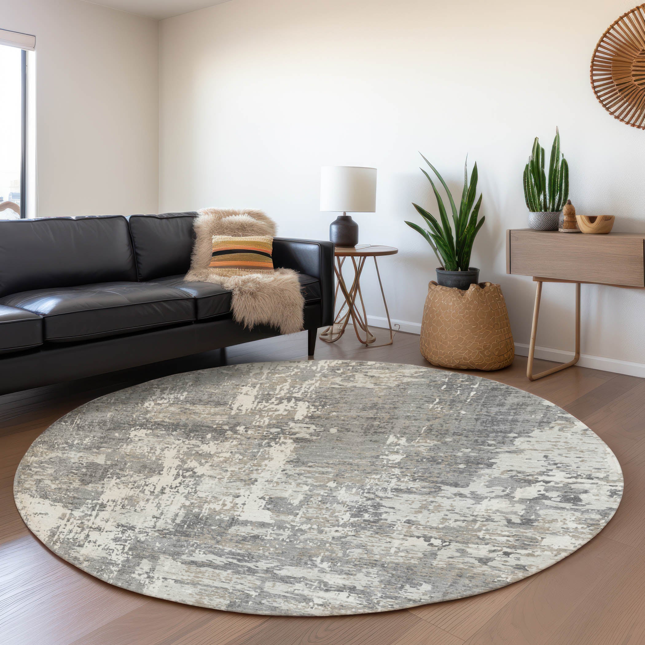 Athens Machine Washable Transitional Gray Rug 8' x 8' #shape_Round