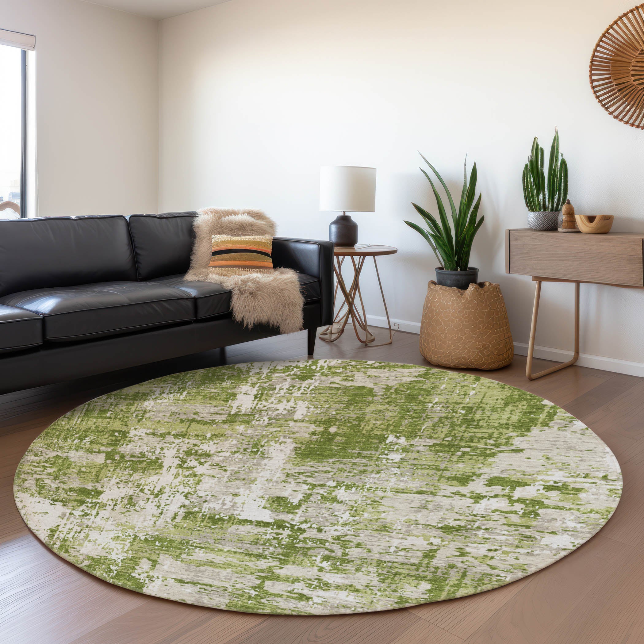 Athens Machine Washable Transitional Green Rug 8' x 8' #shape_Round