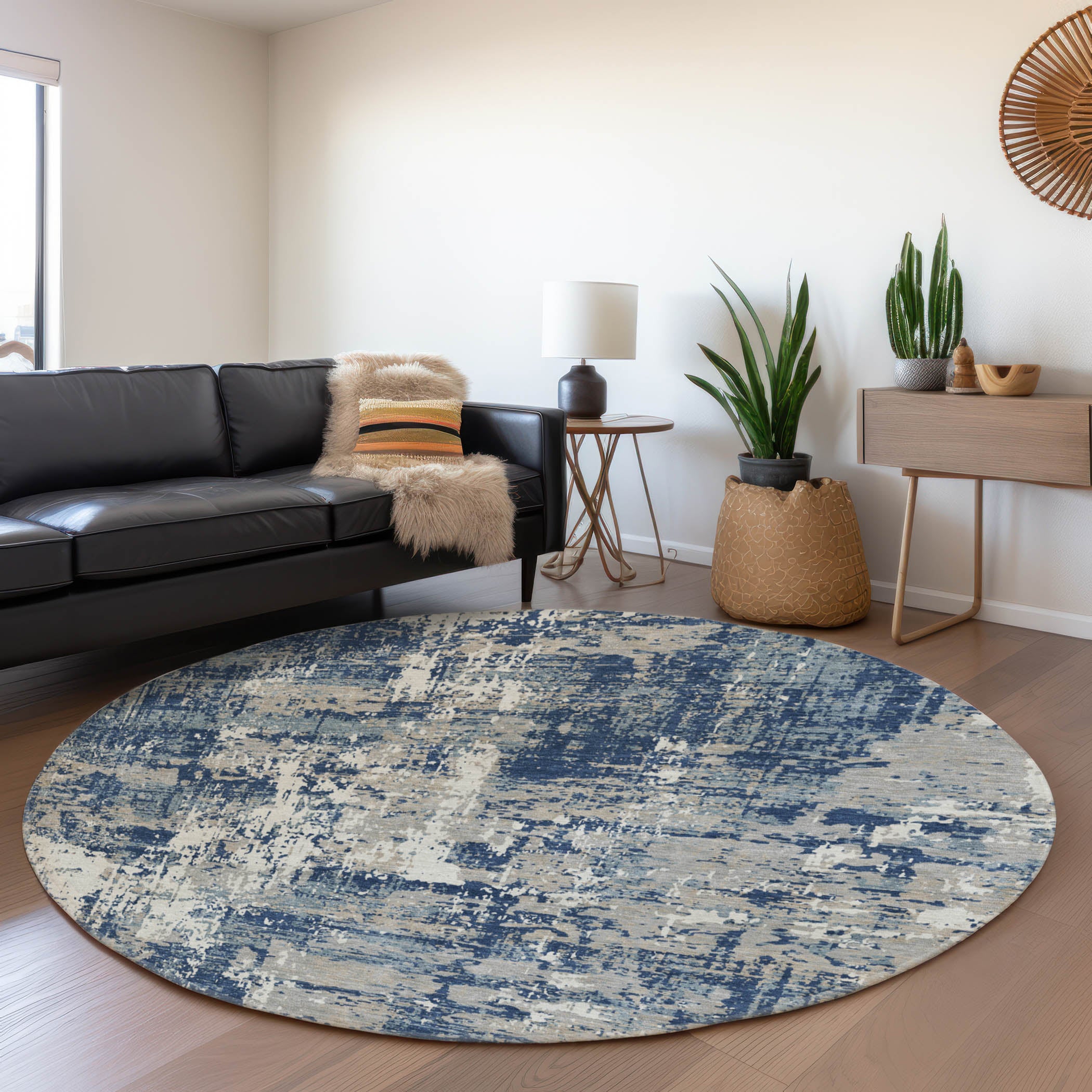 Athens Machine Washable Transitional Navy Blue Rug 8' x 8' #shape_Round
