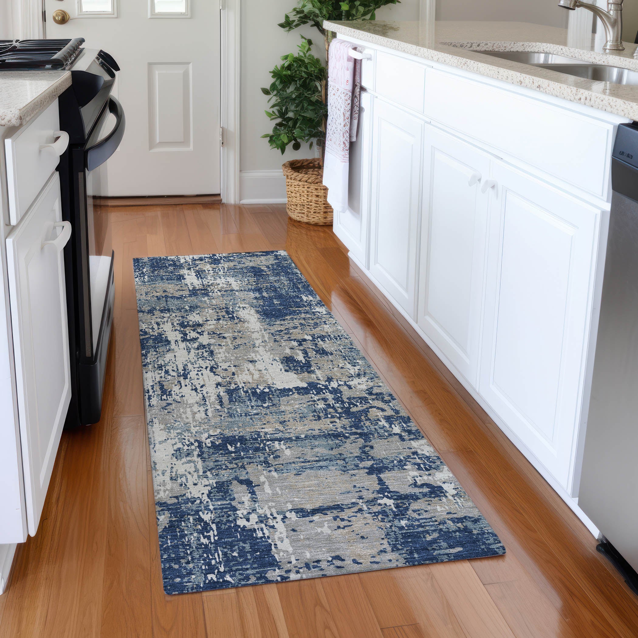 Athens Machine Washable Transitional Navy Blue Rug 2'3" x 7'6" #shape_Runner