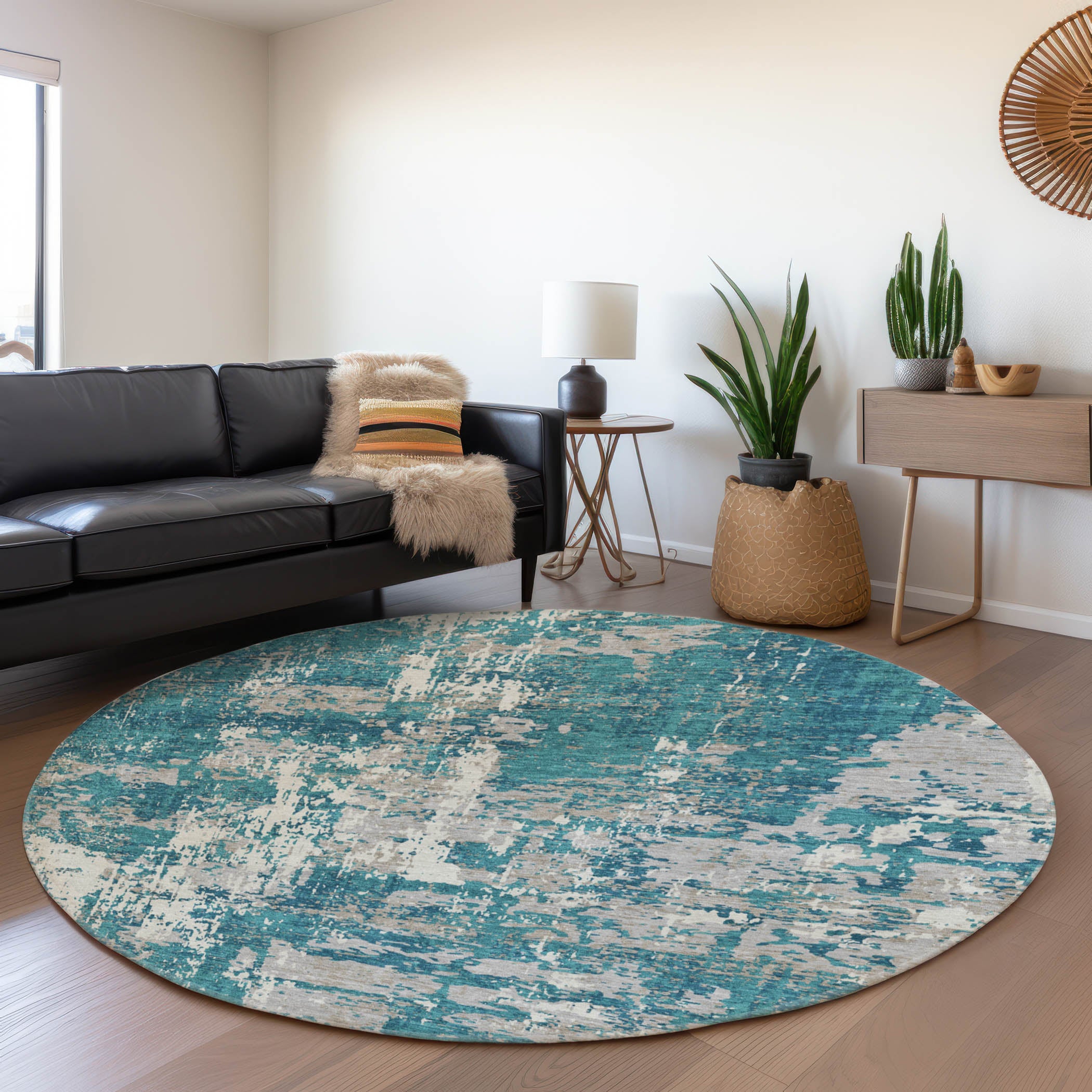 Athens Machine Washable Transitional Teal Rug 8' x 8' #shape_Round