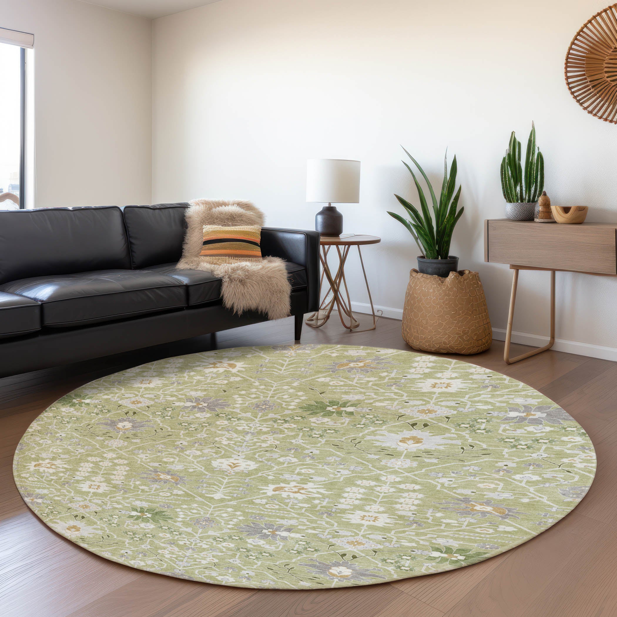 Colombo Machine Washable Traditional Aloe Green Rug 8' x 8' #shape_Round