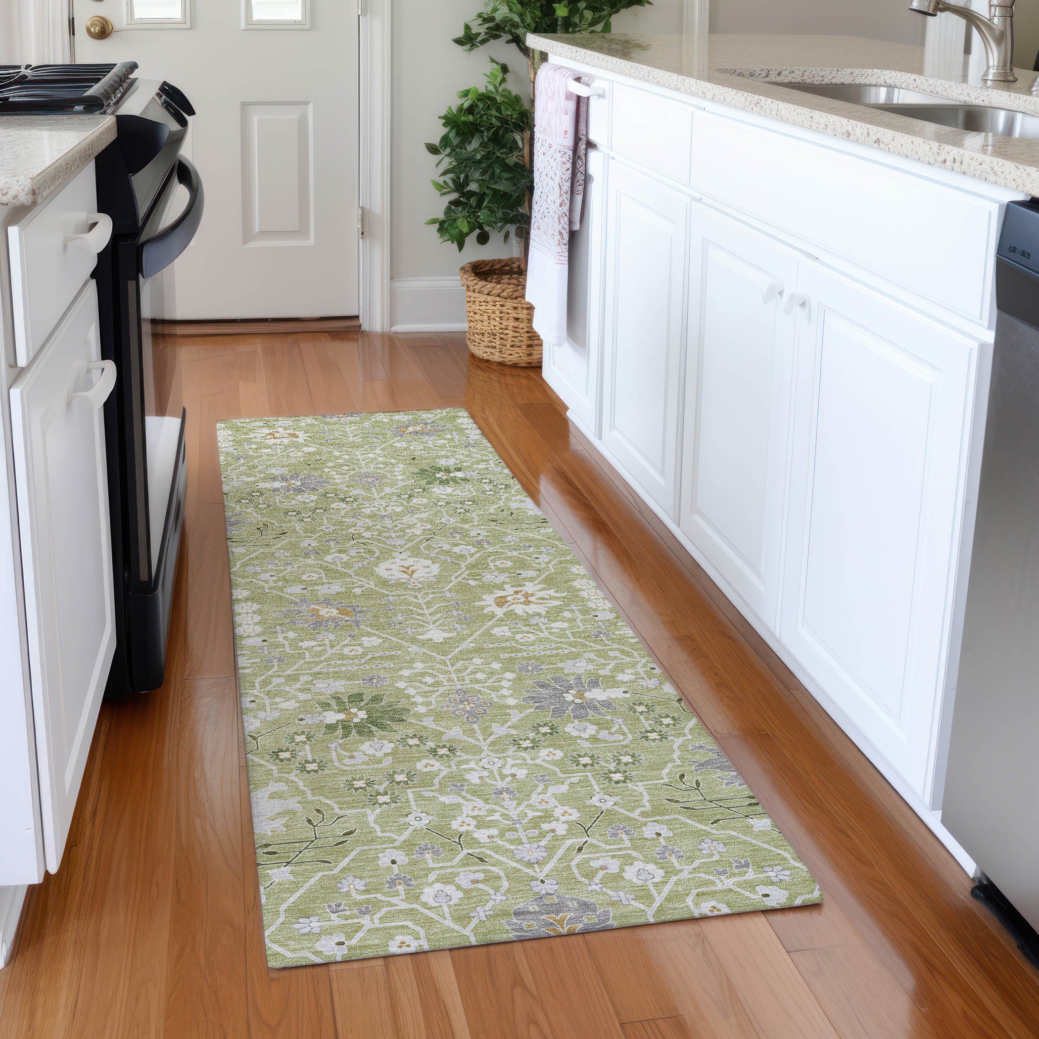 Colombo Machine Washable Traditional Aloe Green Rug 2'3" x 7'6" #shape_Runner