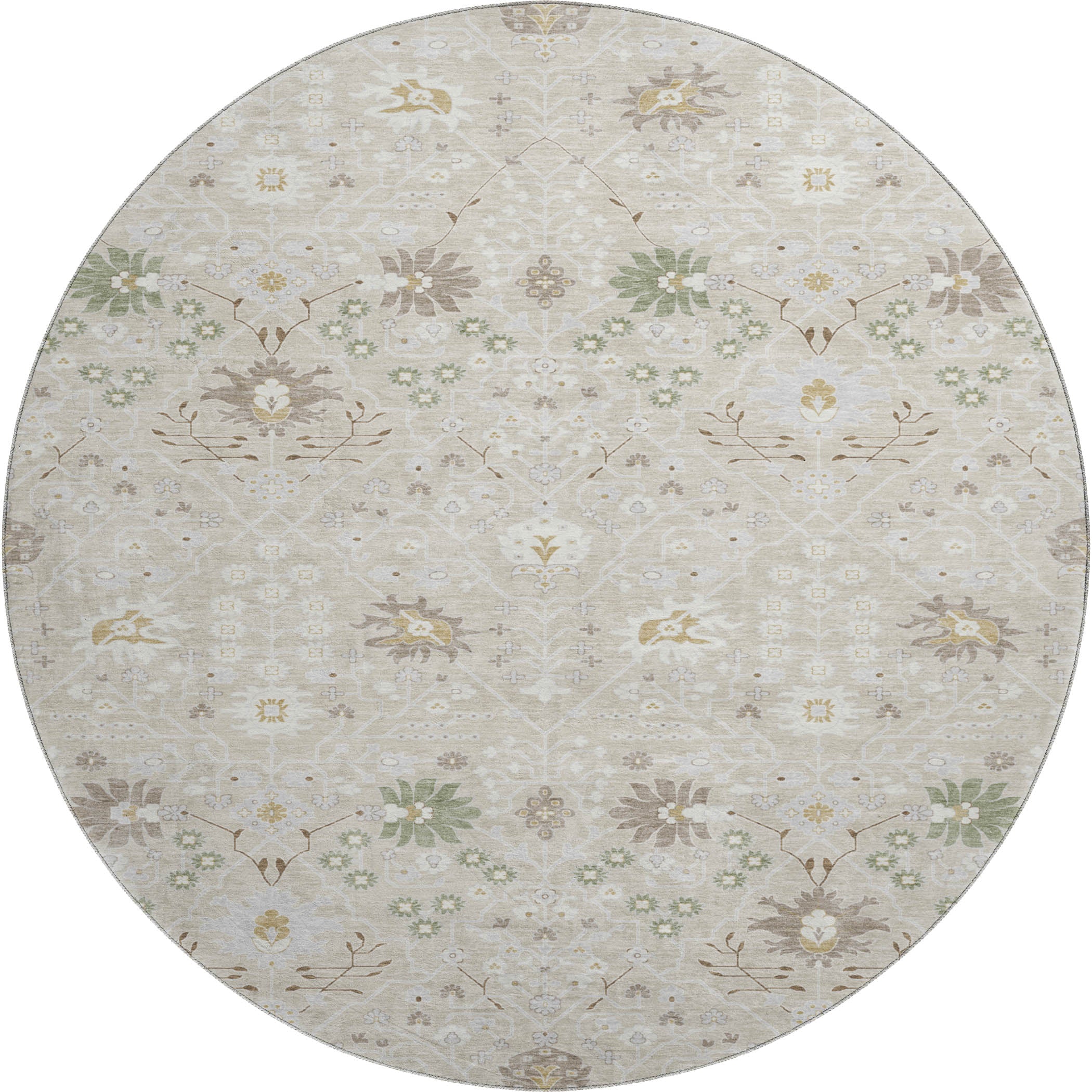 Colombo Machine Washable Traditional Beige Brown Rug 8' x 8' #shape_Round