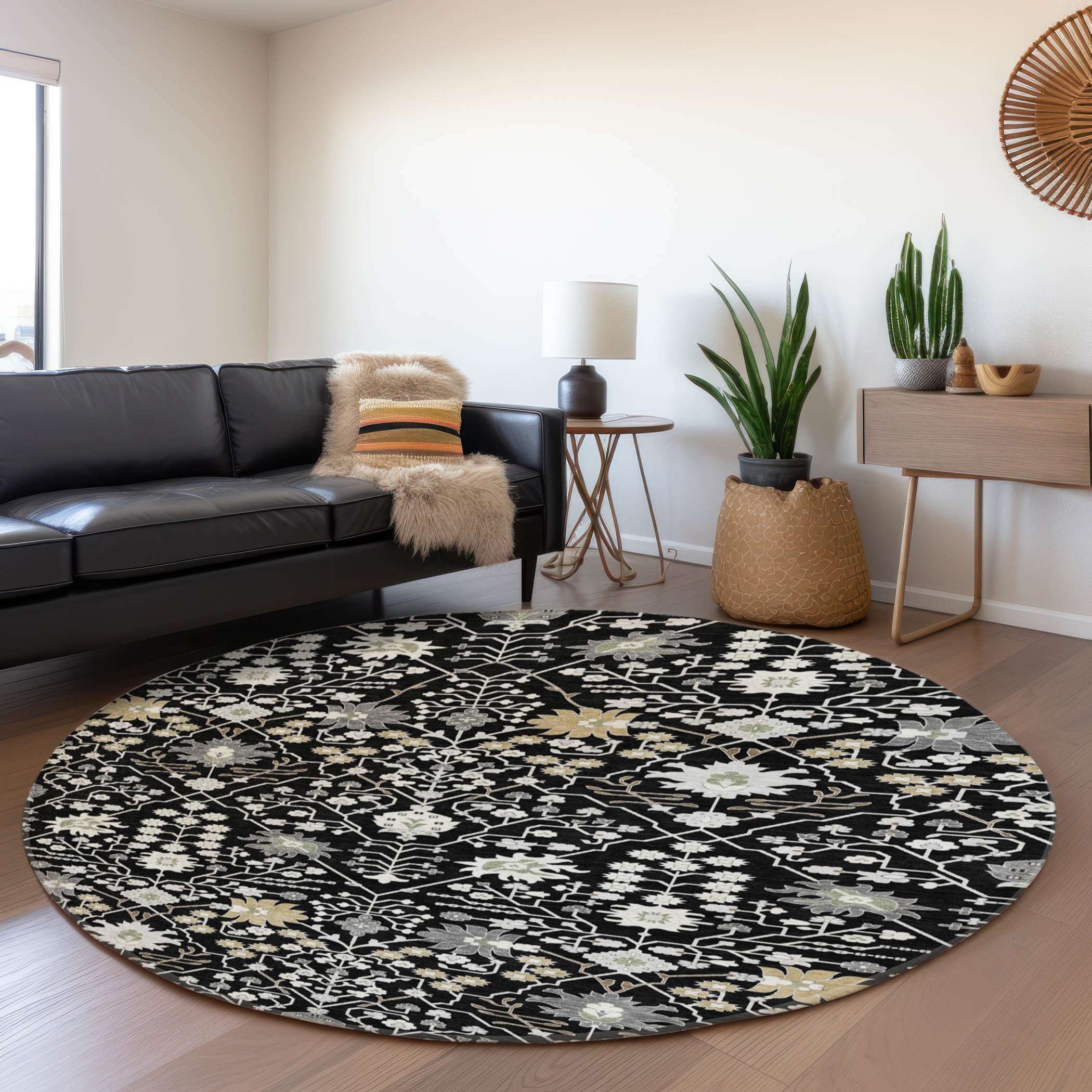 Colombo Machine Washable Traditional Black Rug 8' x 8' #shape_Round