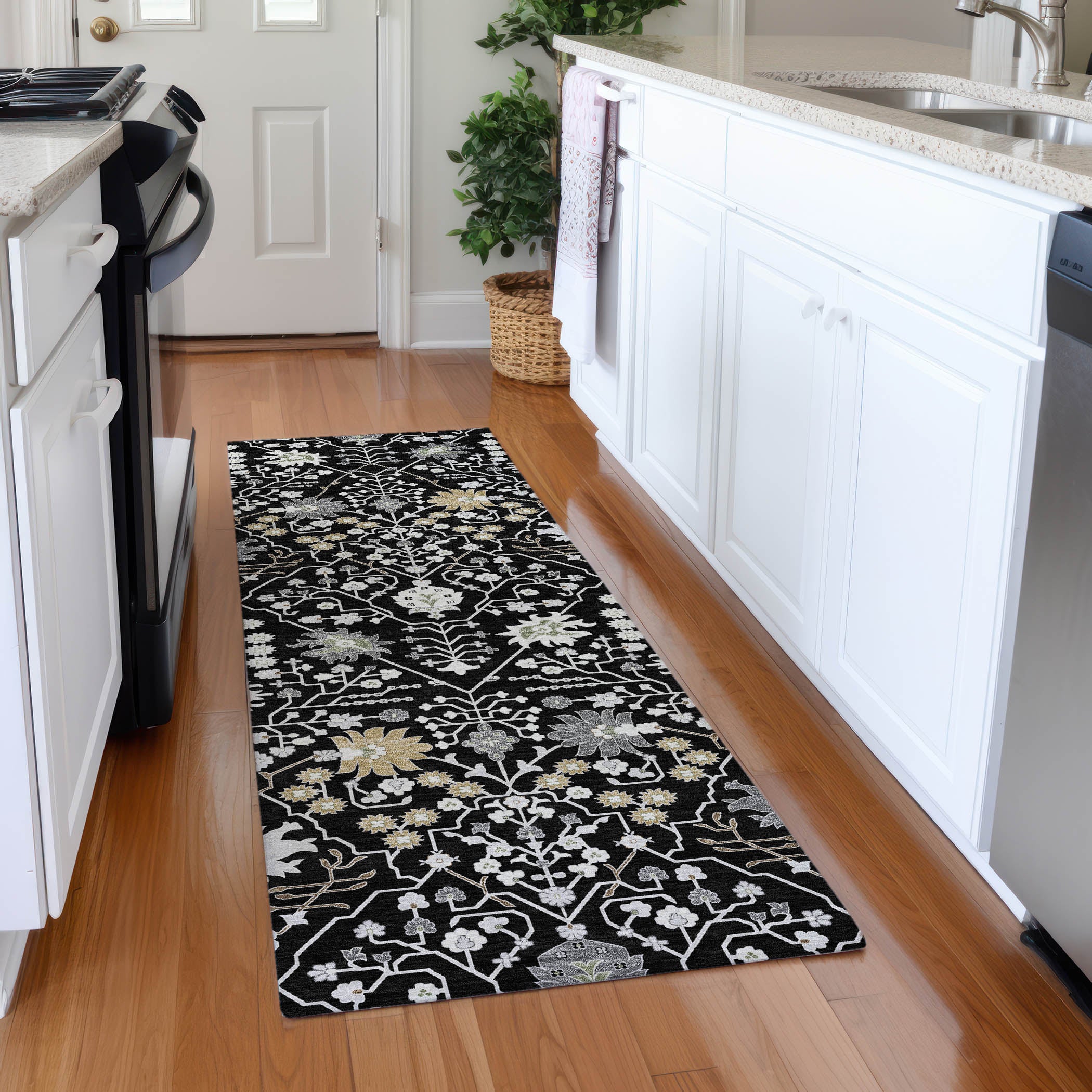 Colombo Machine Washable Traditional Black Rug 2'3" x 7'6" #shape_Runner