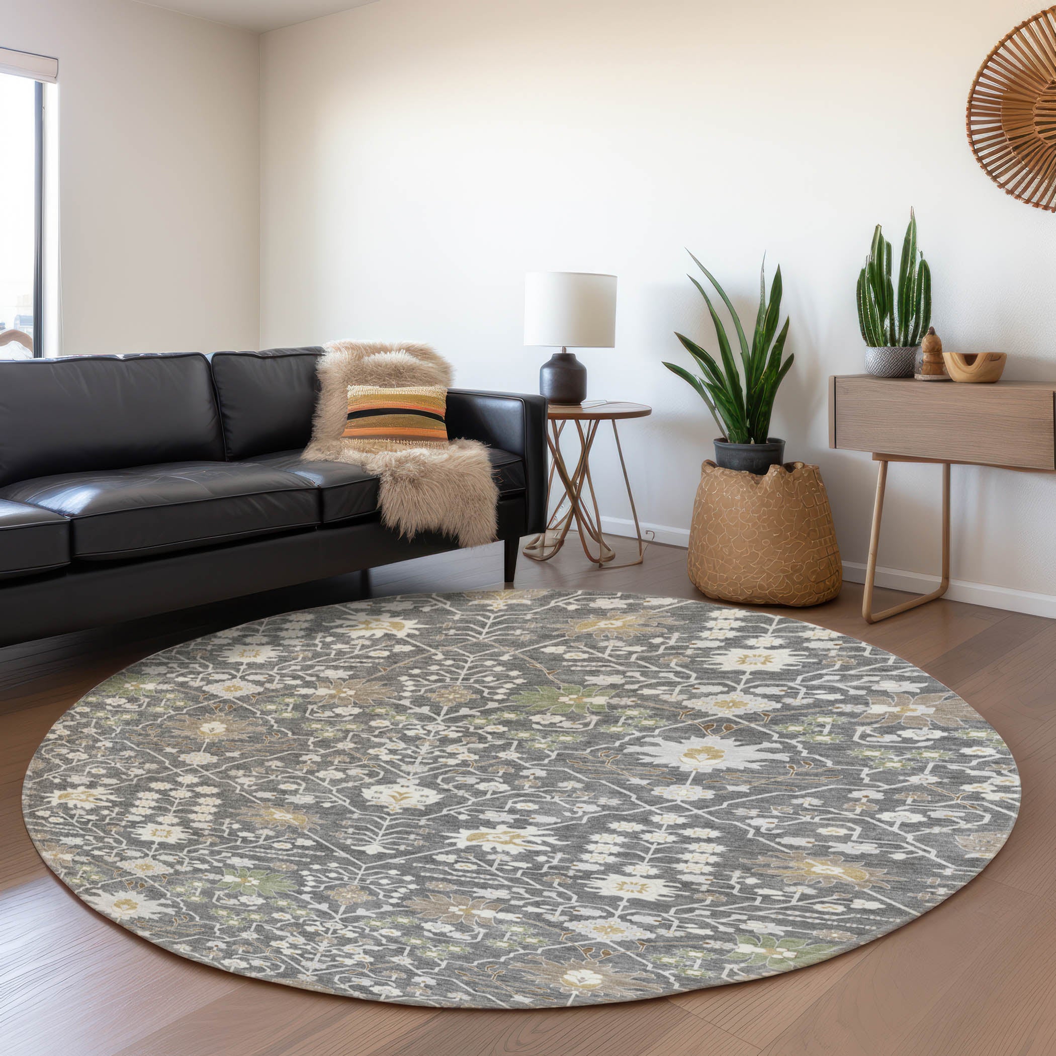Colombo Machine Washable Traditional Charcoal Gray Rug 8' x 8' #shape_Round