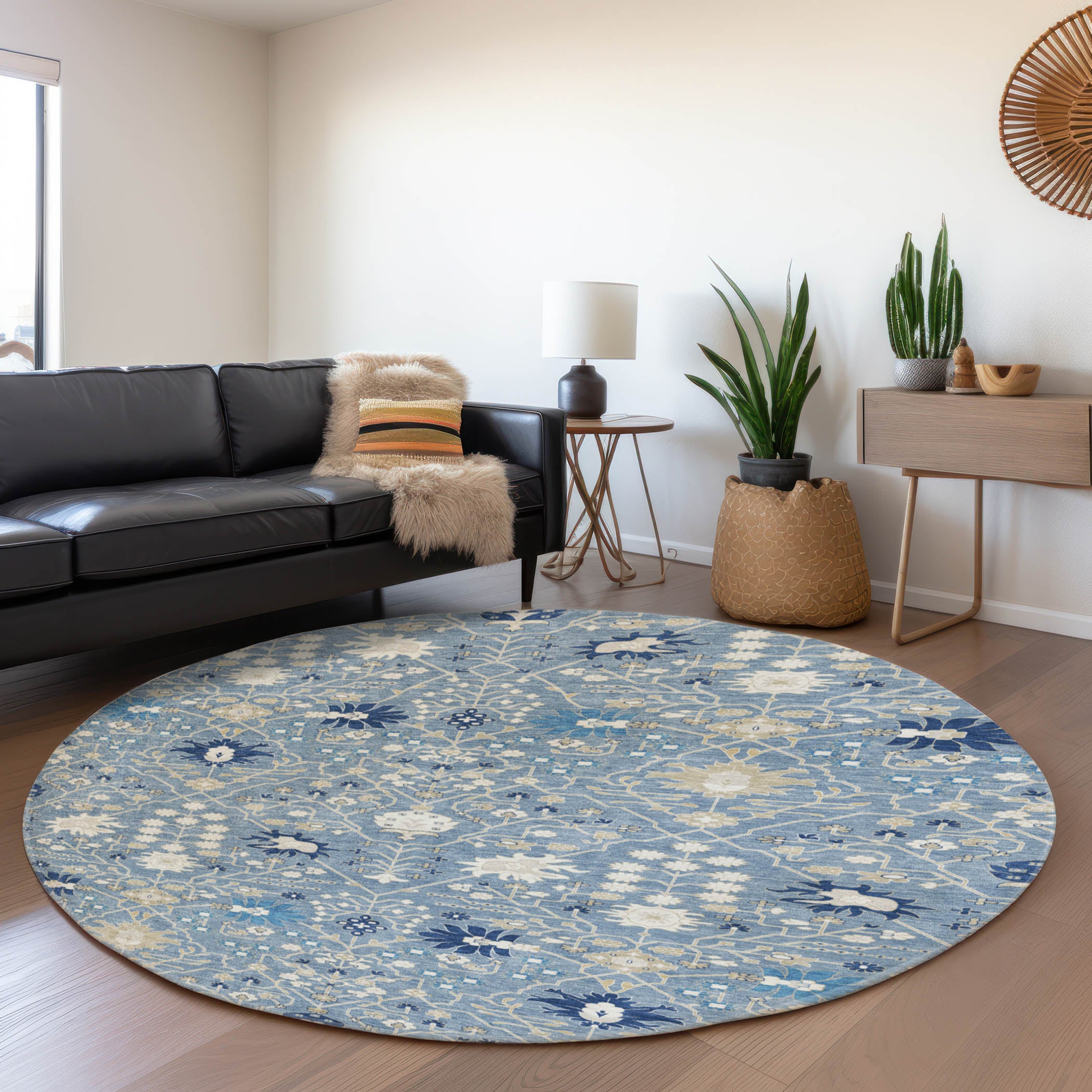 Colombo Machine Washable Traditional Denim Blue Rug 8' x 8' #shape_Round