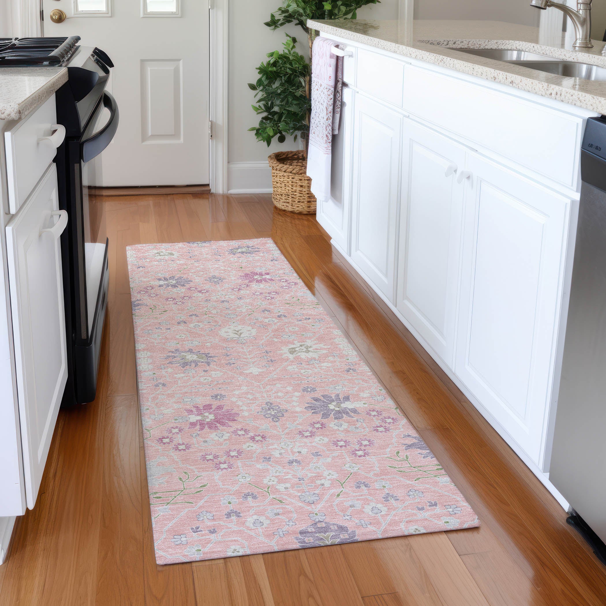 Colombo Machine Washable Traditional Pink Rug 2'3" x 7'6" #shape_Runner