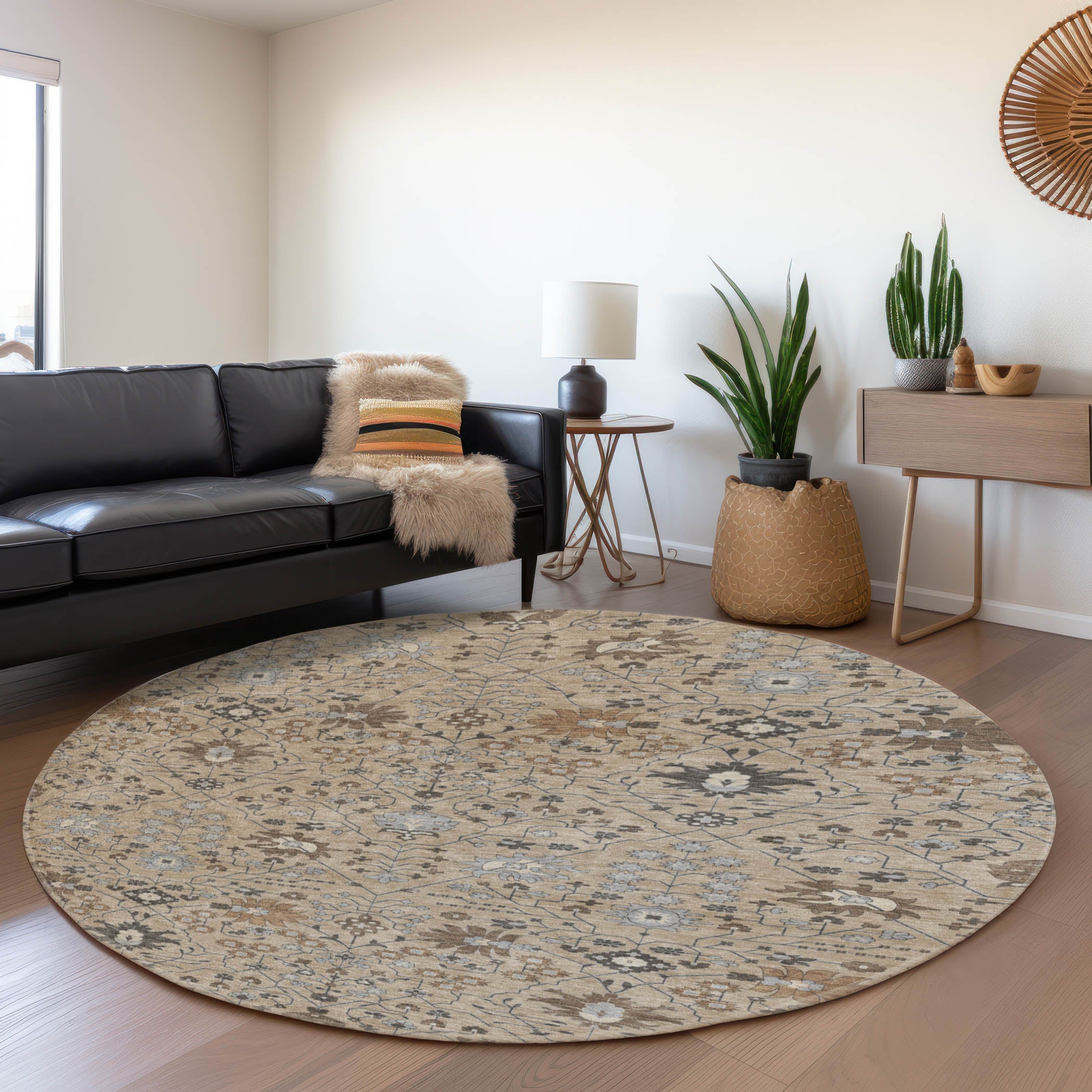 Colombo Machine Washable Traditional Taupe Brown Rug 8' x 8' #shape_Round