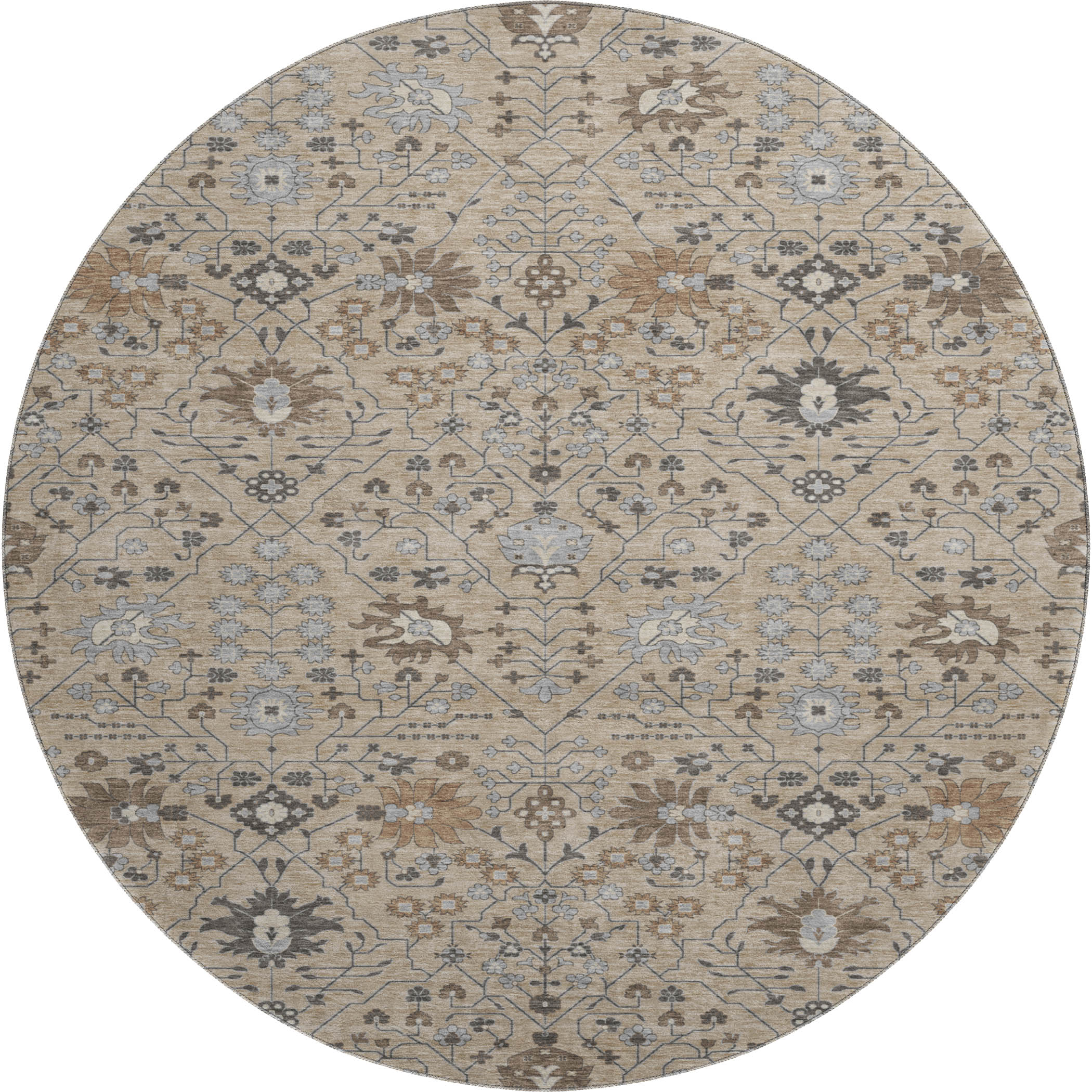 Colombo Machine Washable Traditional Taupe Brown Rug 8' x 8' #shape_Round