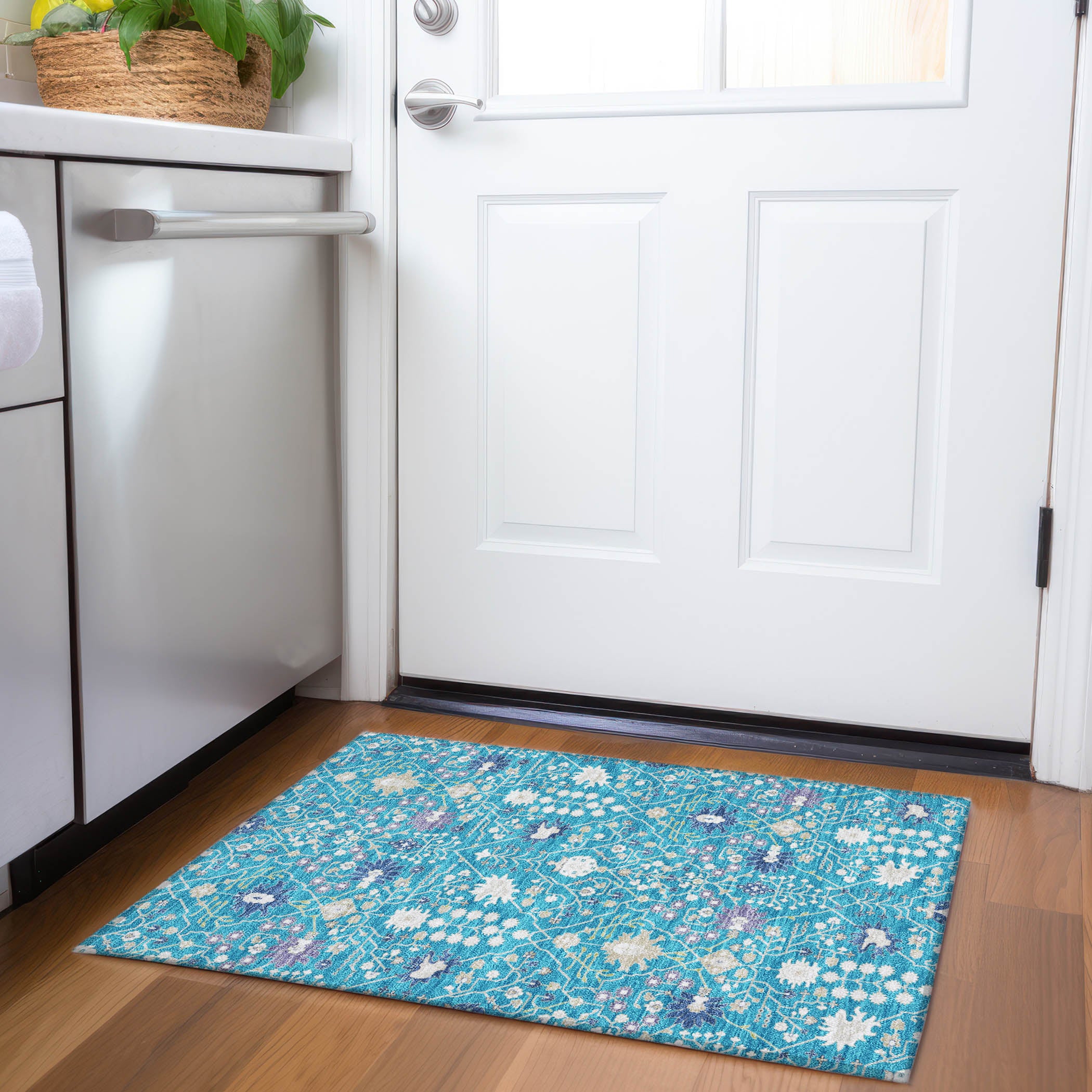 Colombo Machine Washable Traditional Teal Rug 1'8" x 2'6" #shape_Rectangle
