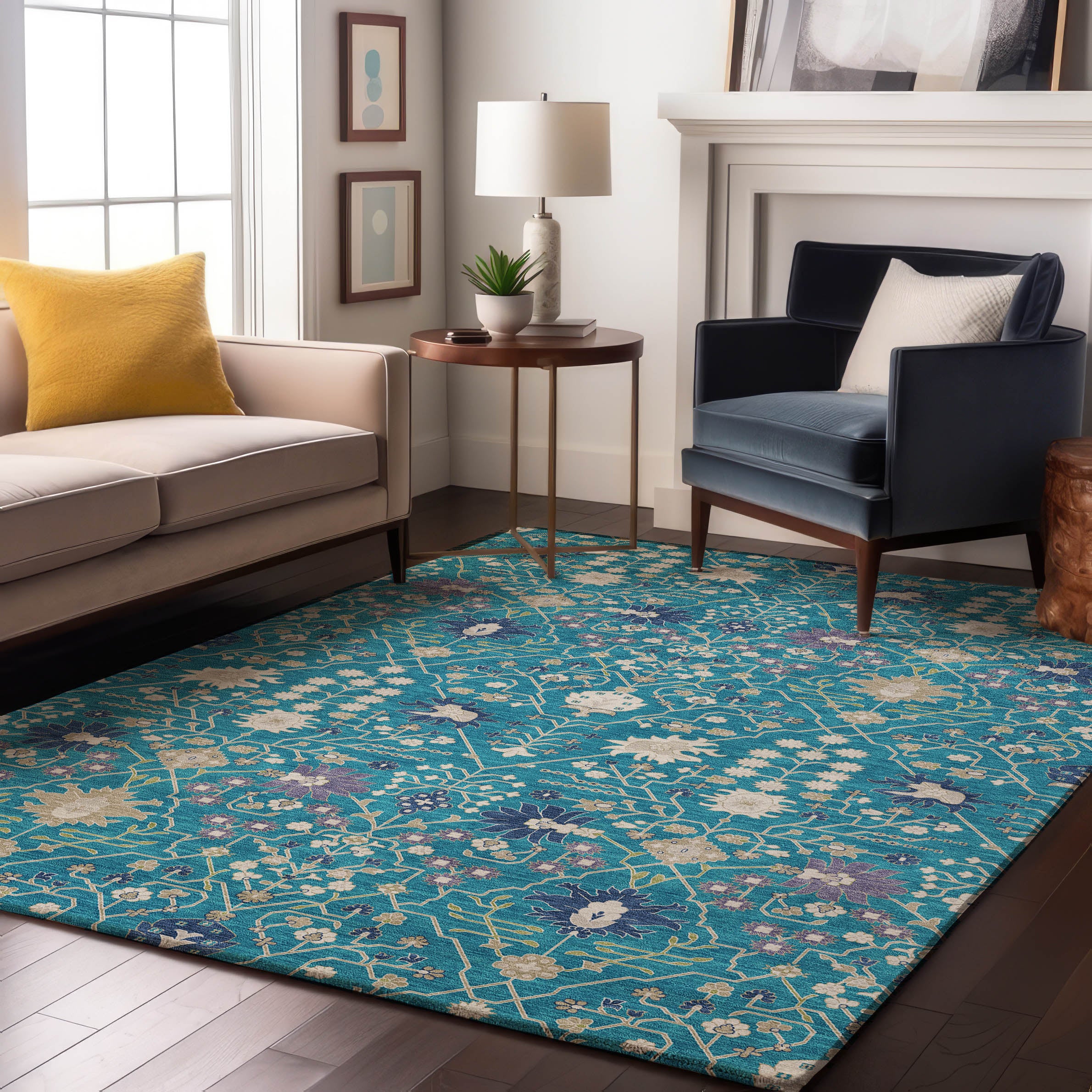 Colombo Machine Washable Traditional Teal Rug 2'6" x 3'10" #shape_Rectangle