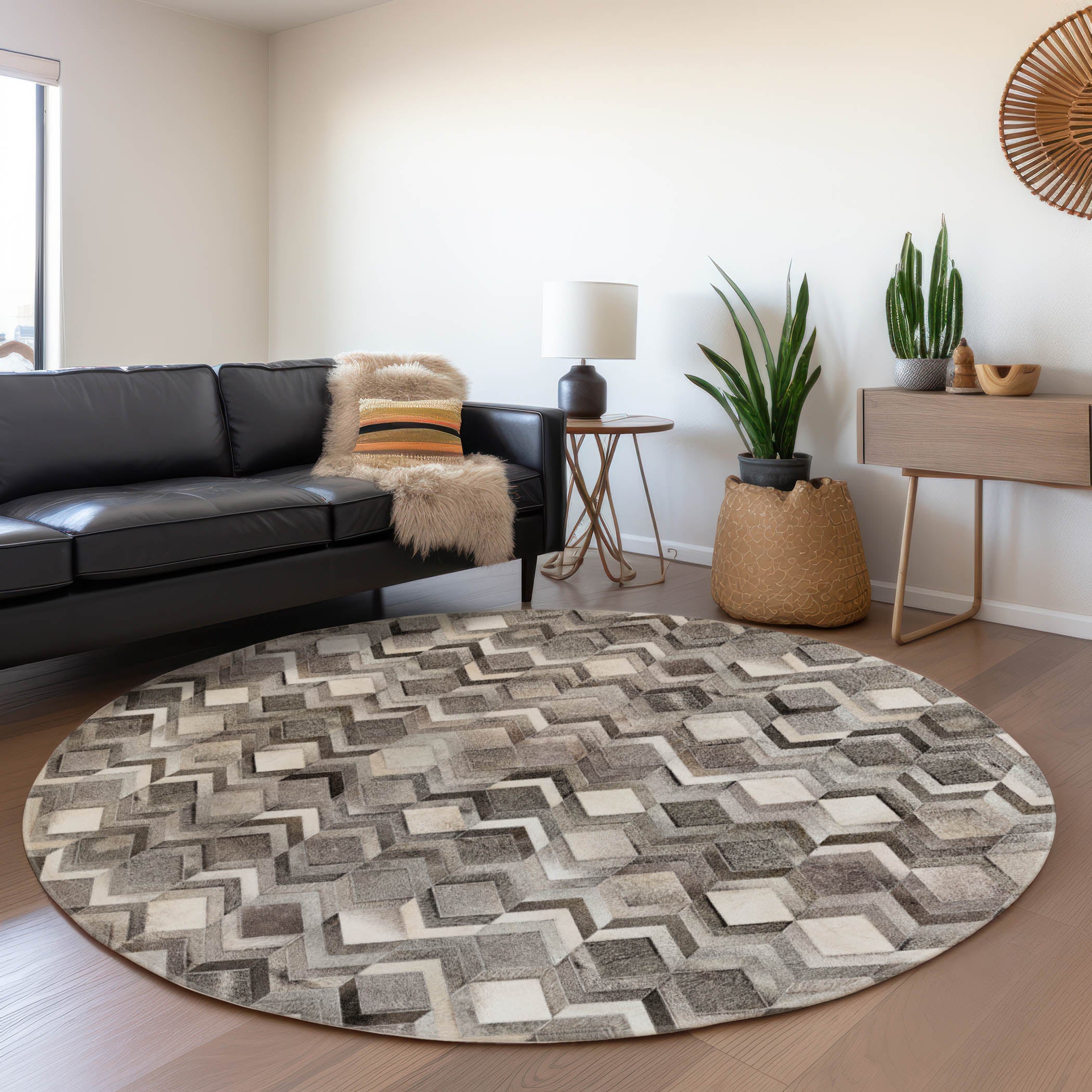Vienna Machine Washable Cowhide Gray Rug 8' x 8' #shape_Round