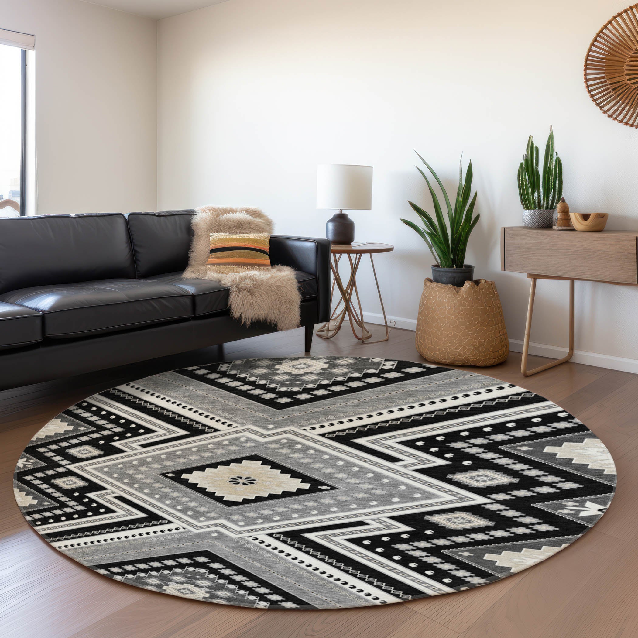 Ghent Machine Washable Transitional Black Rug 8' x 8' #shape_Round
