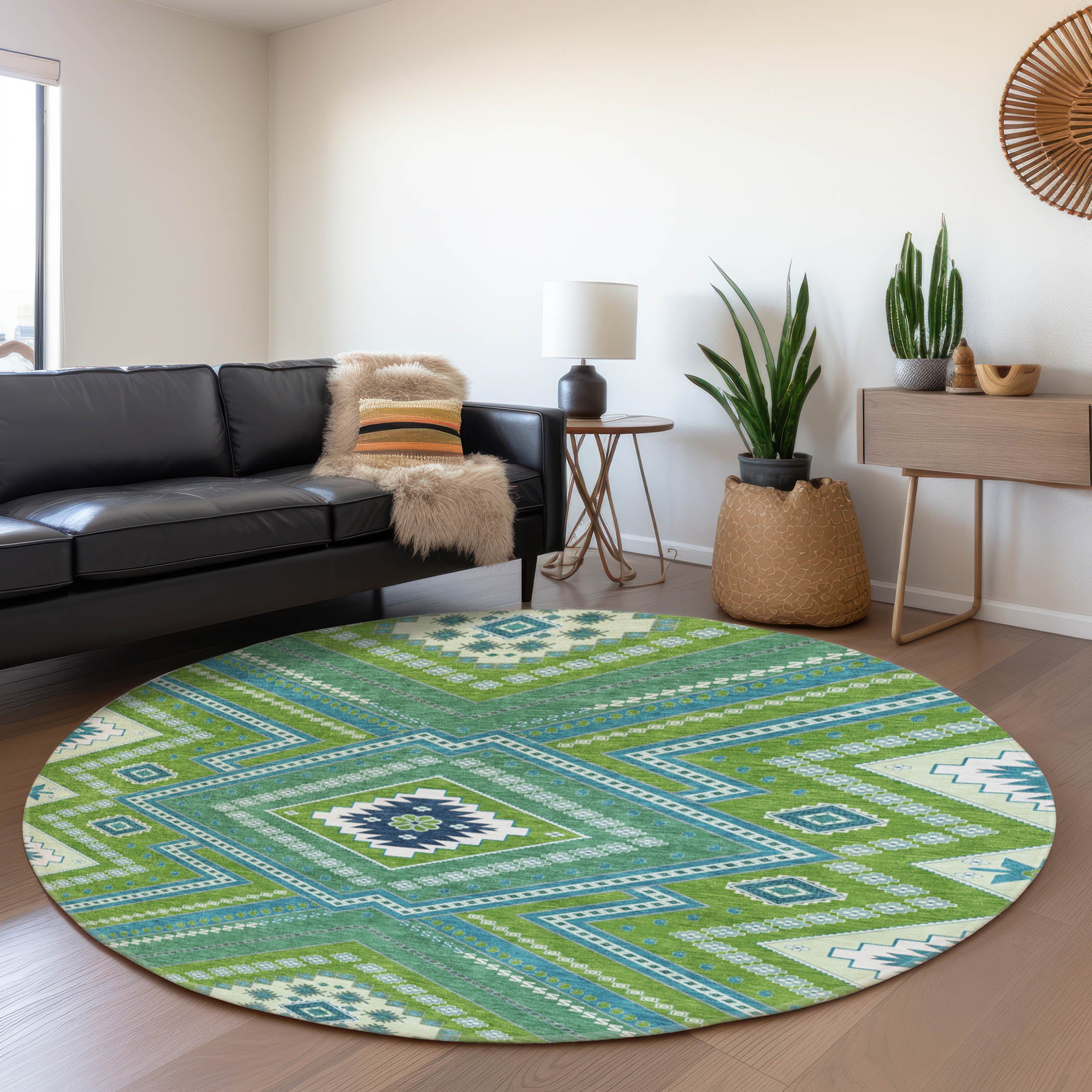 Ghent Machine Washable Transitional Lime Green Rug 8' x 8' #shape_Round