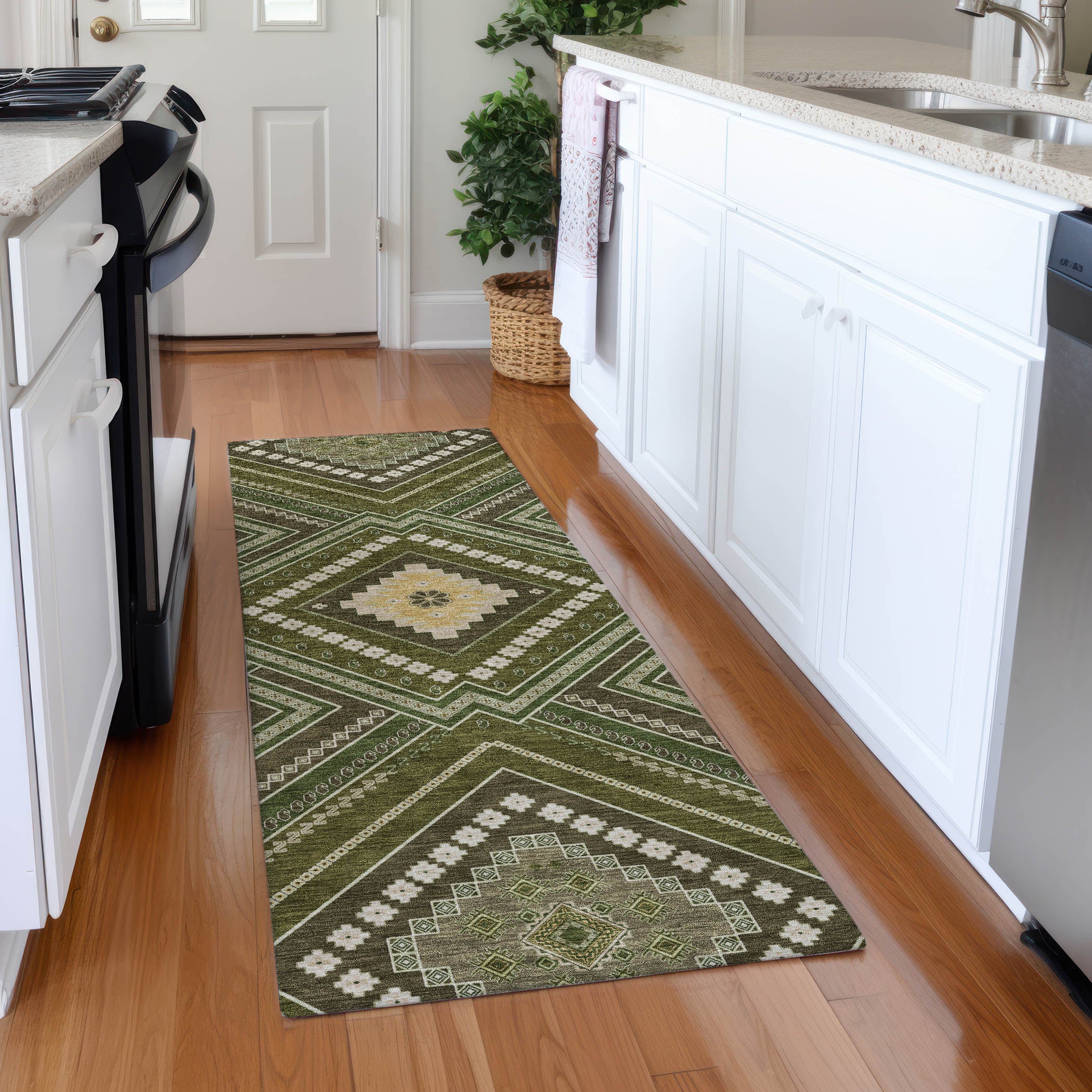 Ghent Machine Washable Transitional Olive Green Rug 2'3" x 7'6" #shape_Runner