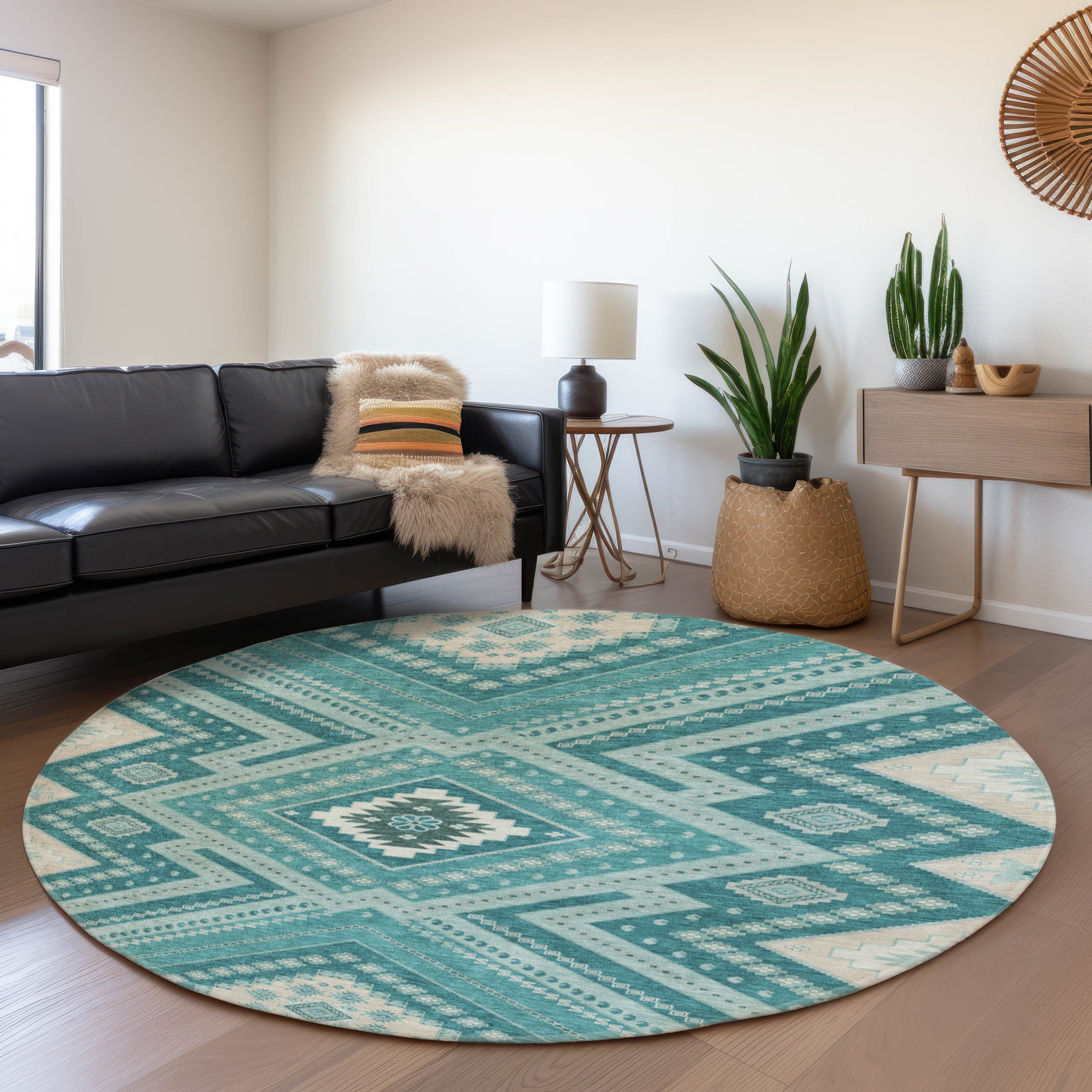 Ghent Machine Washable Transitional Teal Rug 8' x 8' #shape_Round