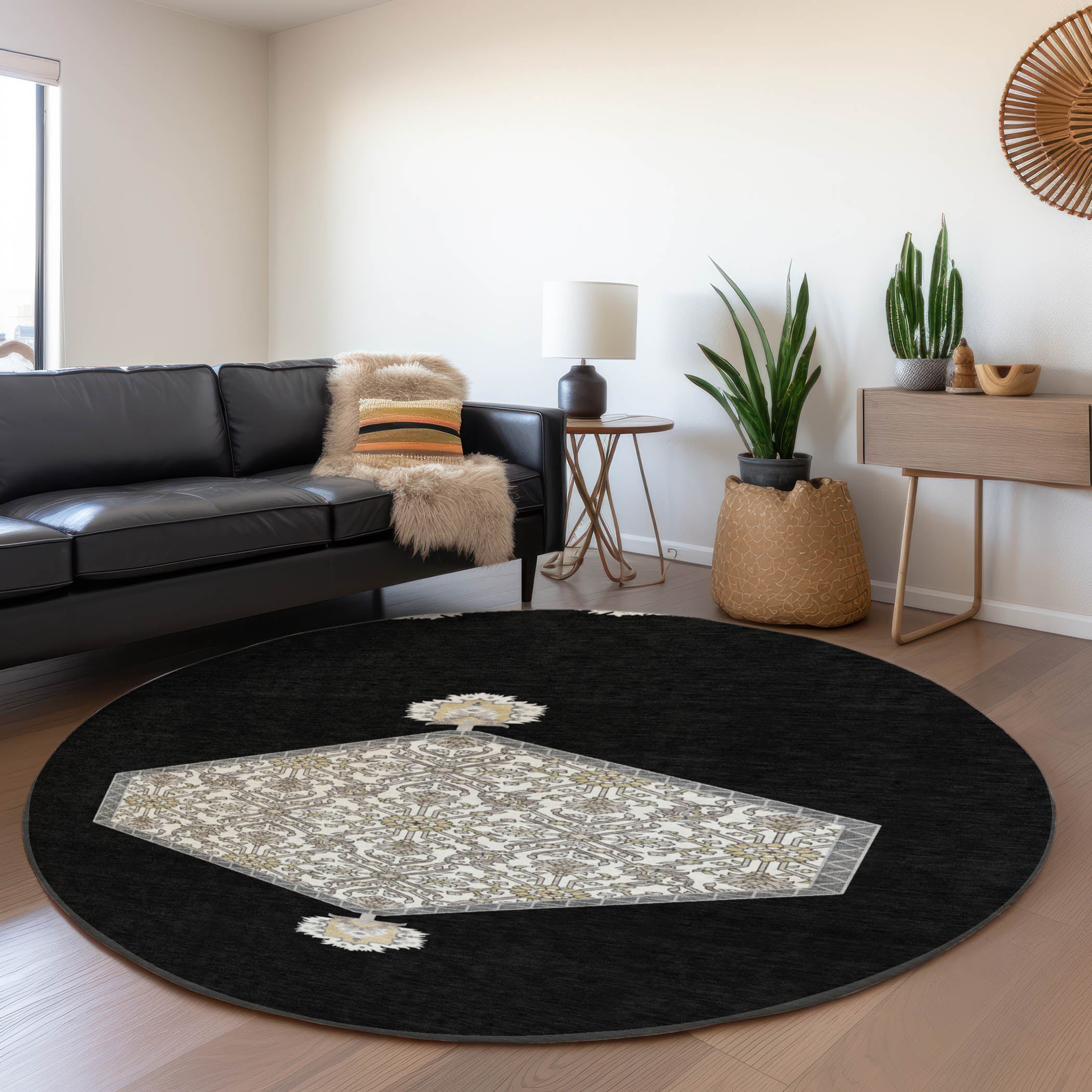 Athens Machine Washable Traditional Black Rug 8' x 8' #shape_Round