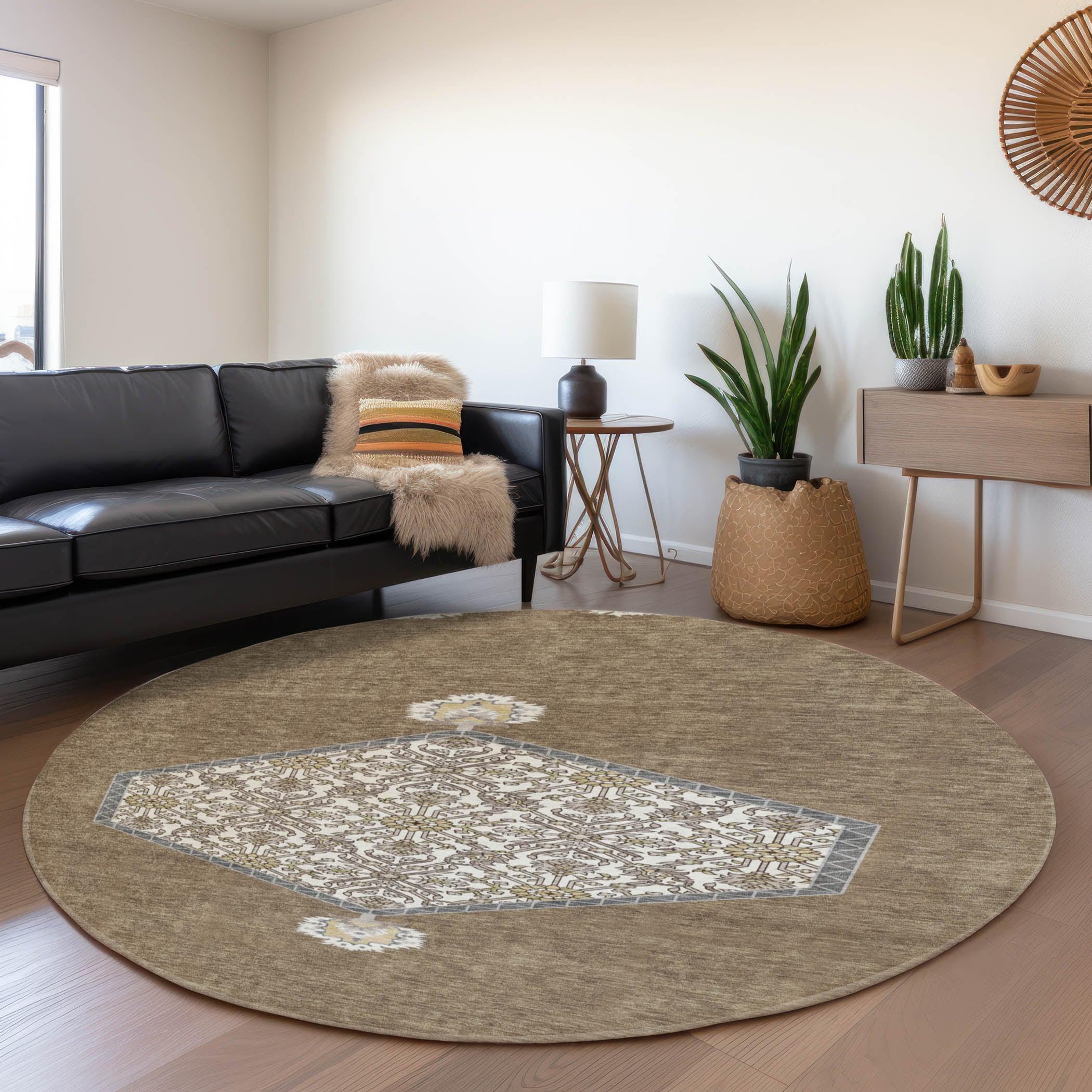 Athens Machine Washable Traditional Brown Rug 8' x 8' #shape_Round