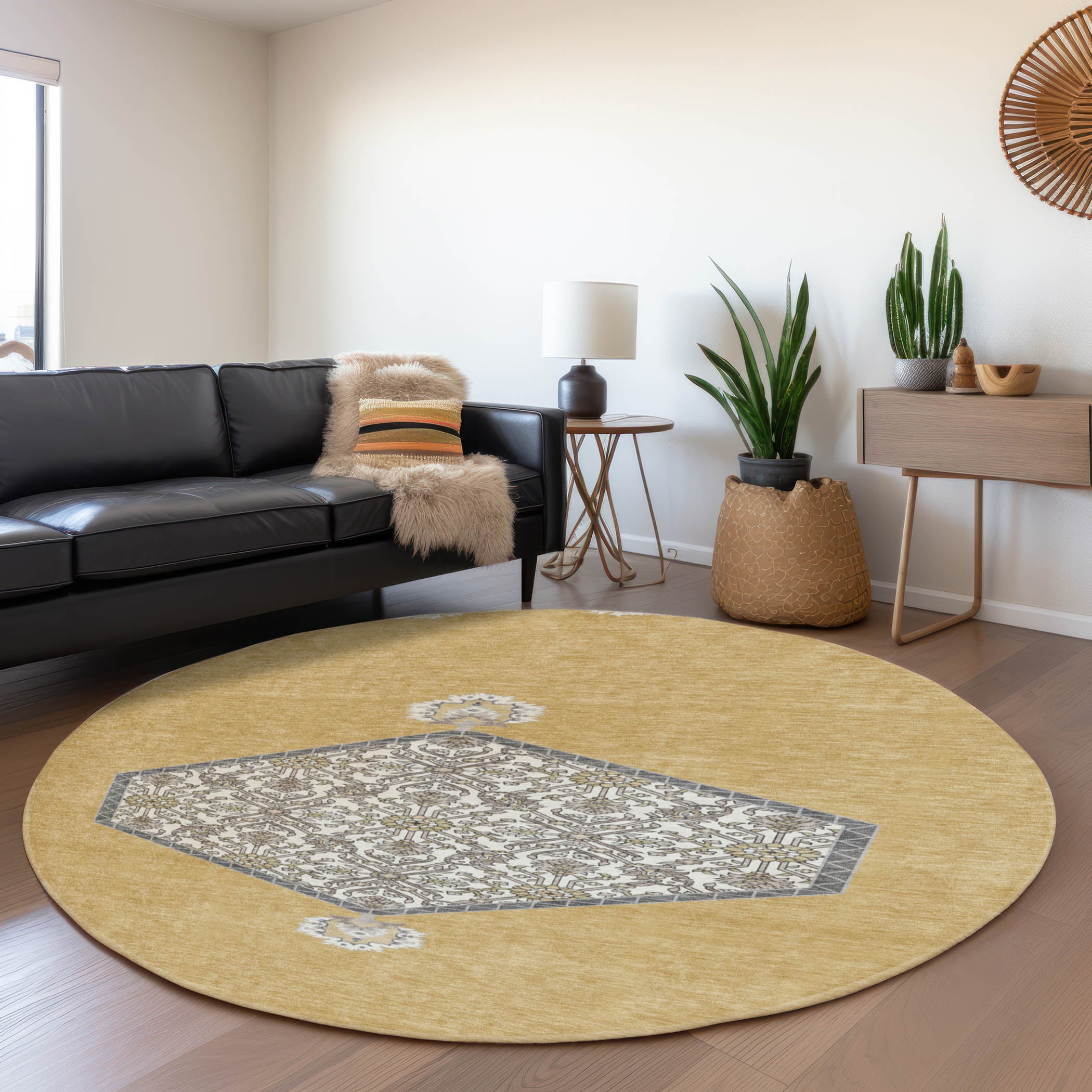Athens Machine Washable Traditional Gold Rug 8' x 8' #shape_Round