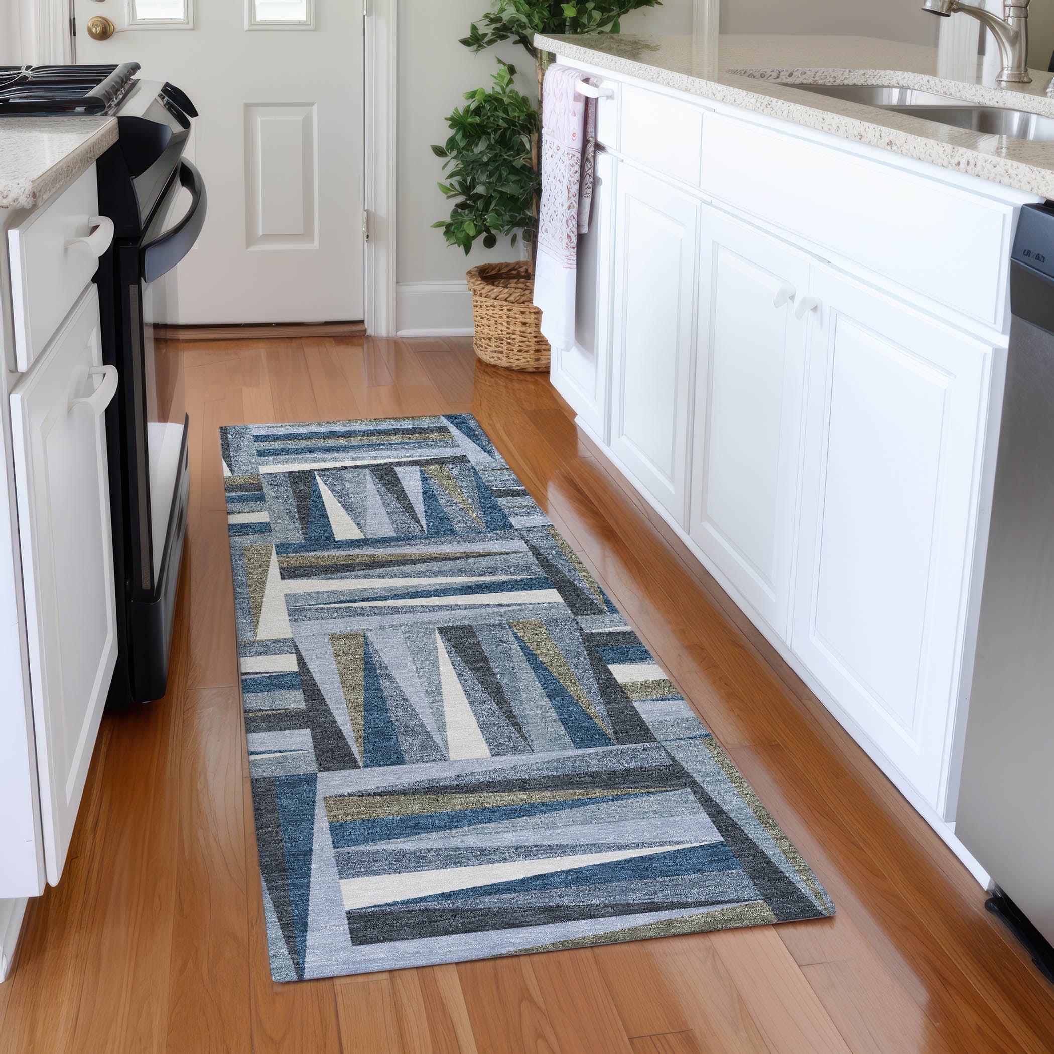 Bruges Machine Washable Transitional Denim Blue Rug 2'3" x 7'6" #shape_Runner