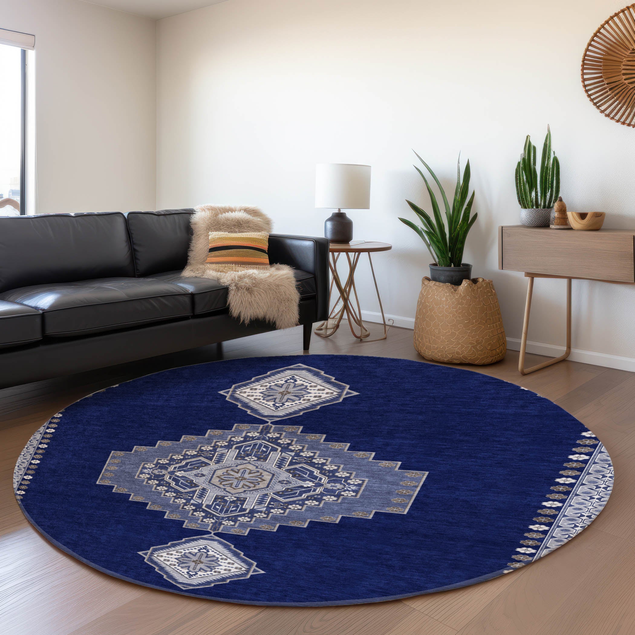 Jaipur Machine Washable Traditional Navy Blue Rug 8' x 8' #shape_Round