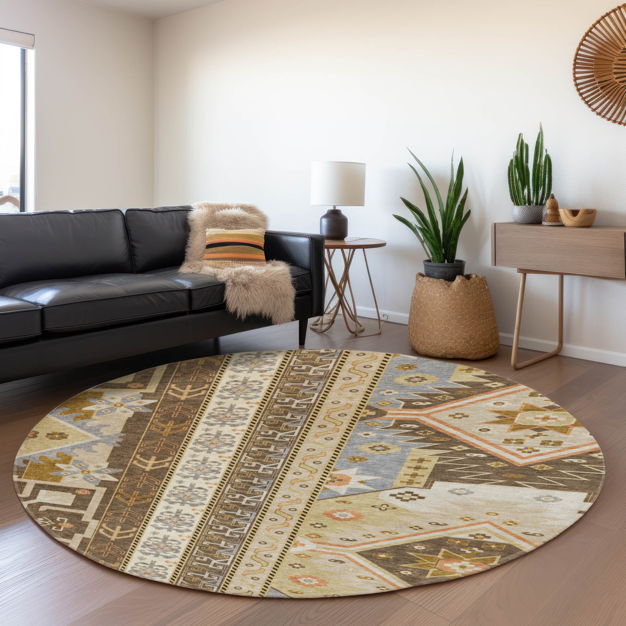 Chiang Mai Machine Washable Transitional Brown Rug 8' x 8' #shape_Round