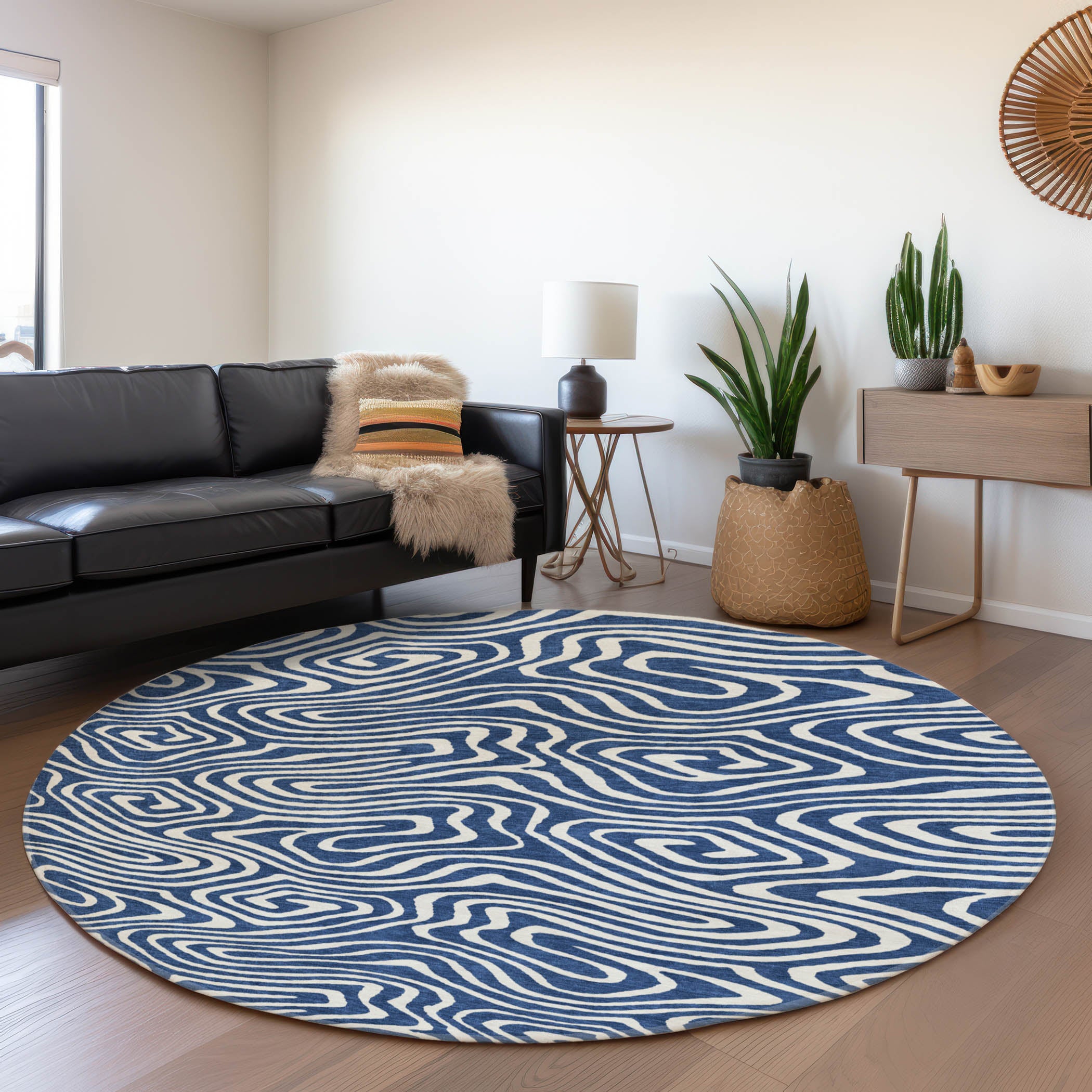 Montevideo Machine Washable Transitional Navy Blue Rug 8' x 8' #shape_Round