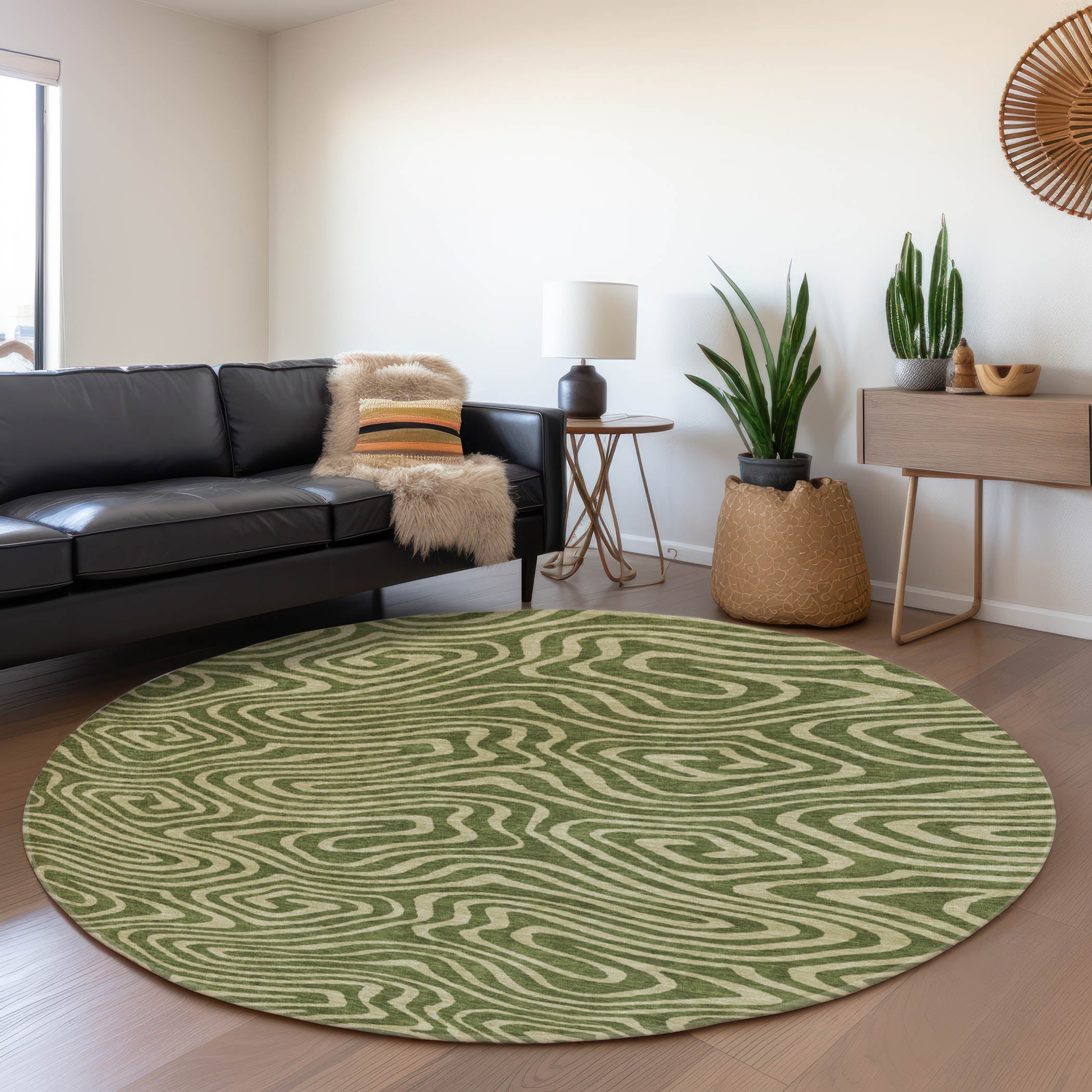 Montevideo Machine Washable Transitional Olive Green Rug 8' x 8' #shape_Round