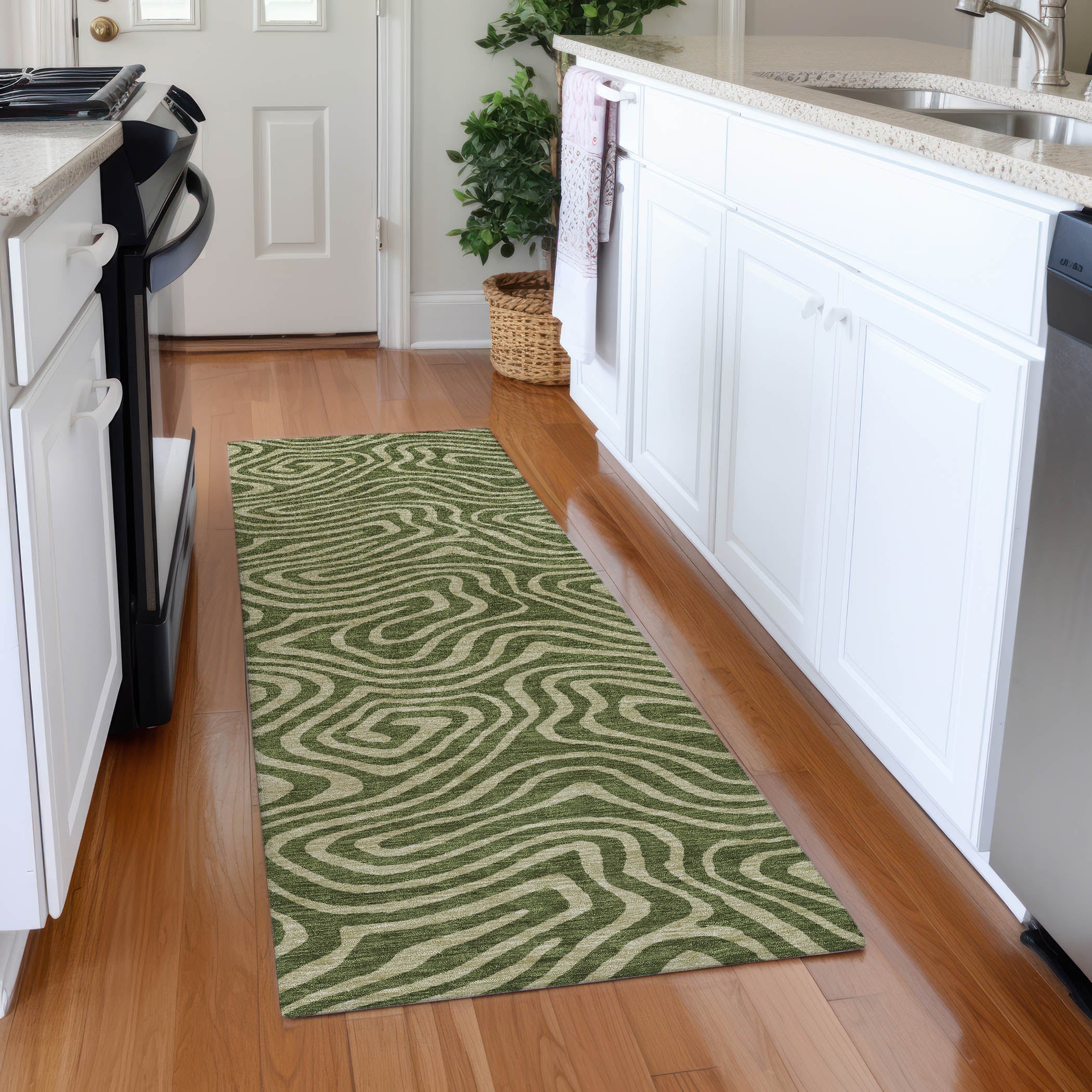 Montevideo Machine Washable Transitional Olive Green Rug 2'3" x 7'6" #shape_Runner